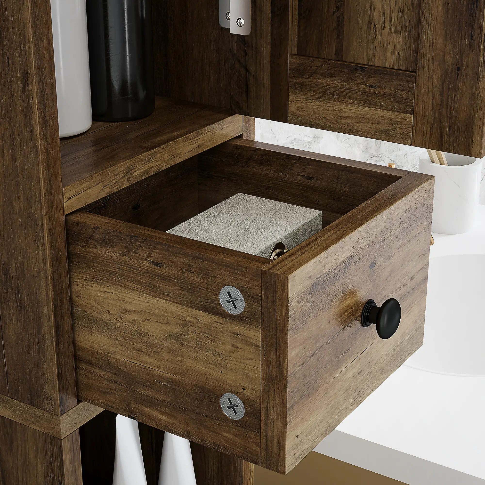 Narrow Bathroom Cabinet, Tall Storage with Barn Doors, Drawer, Adjustable Shelves, Wood Grain, Brown - Image 10