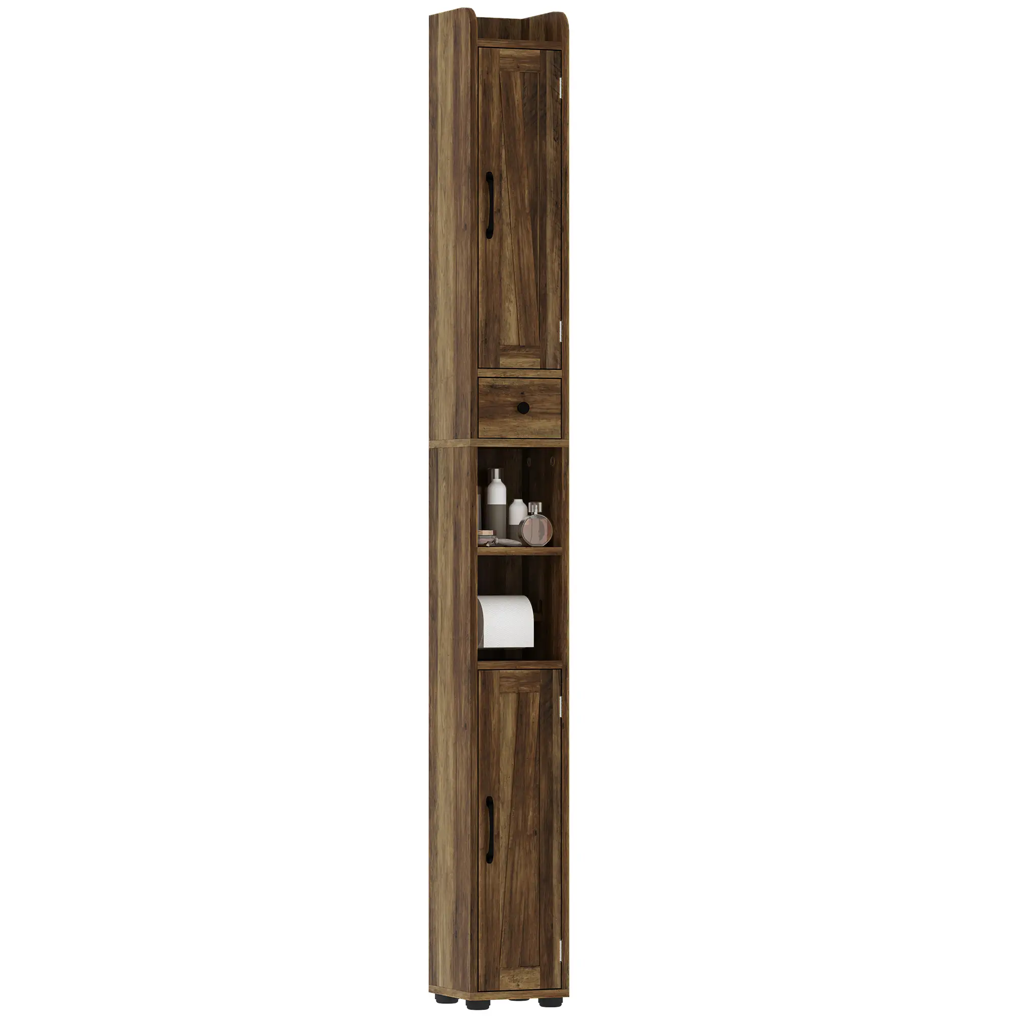 Narrow Bathroom Cabinet, Tall Storage with Barn Doors, Drawer, Adjustable Shelves, Wood Grain, Brown - Image 11