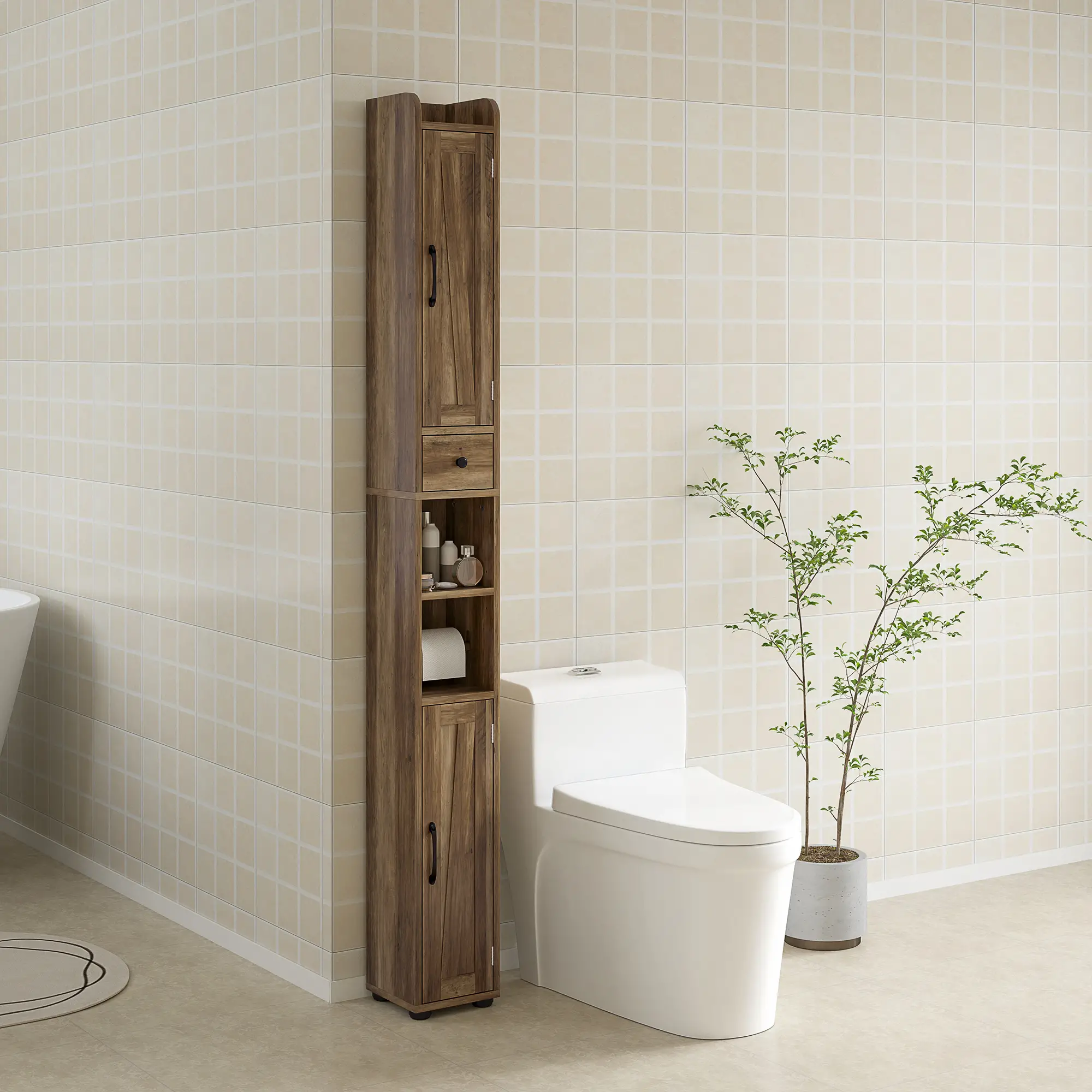Narrow Bathroom Cabinet, Tall Storage with Barn Doors, Drawer, Adjustable Shelves, Wood Grain, Brown - Image 2