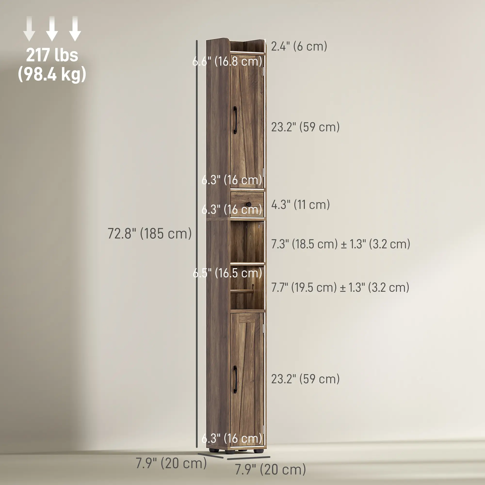 Narrow Bathroom Cabinet, Tall Storage with Barn Doors, Drawer, Adjustable Shelves, Wood Grain, Brown - Image 3