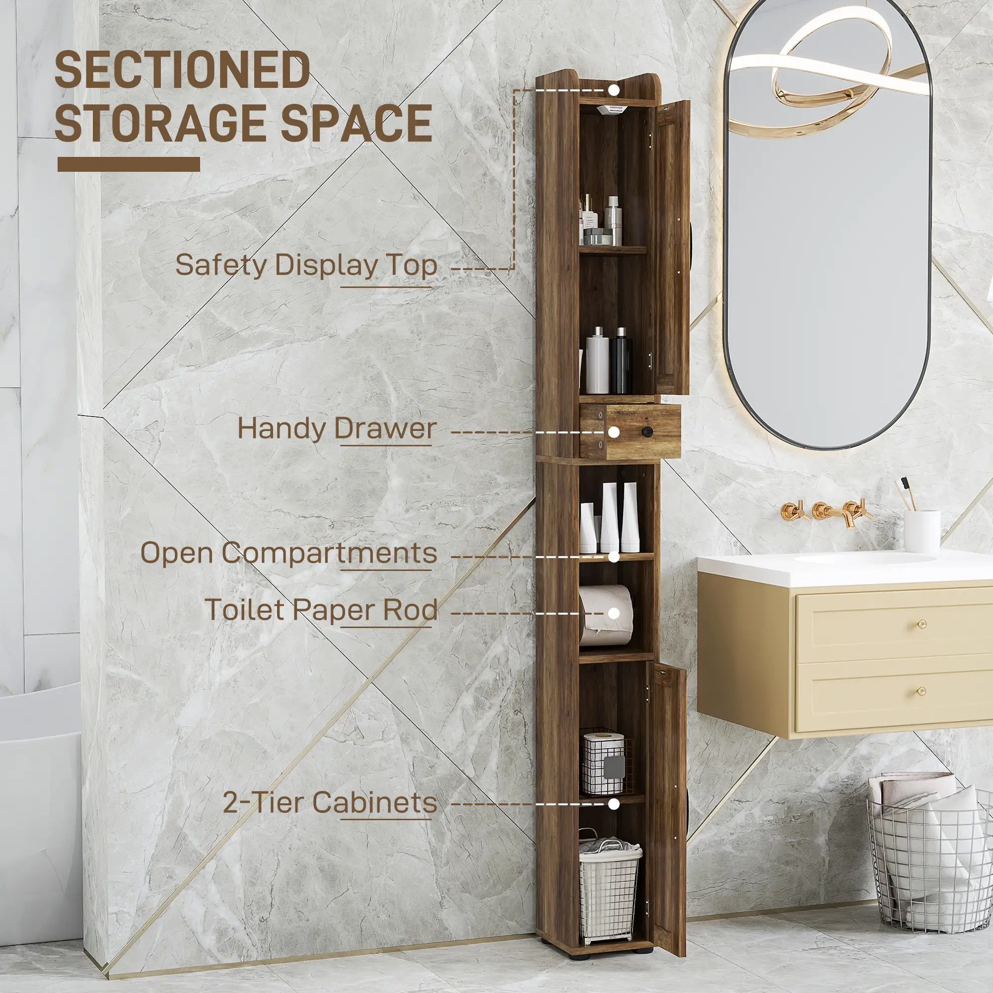 Narrow Bathroom Cabinet, Tall Storage with Barn Doors, Drawer, Adjustable Shelves, Wood Grain, Brown - Image 4
