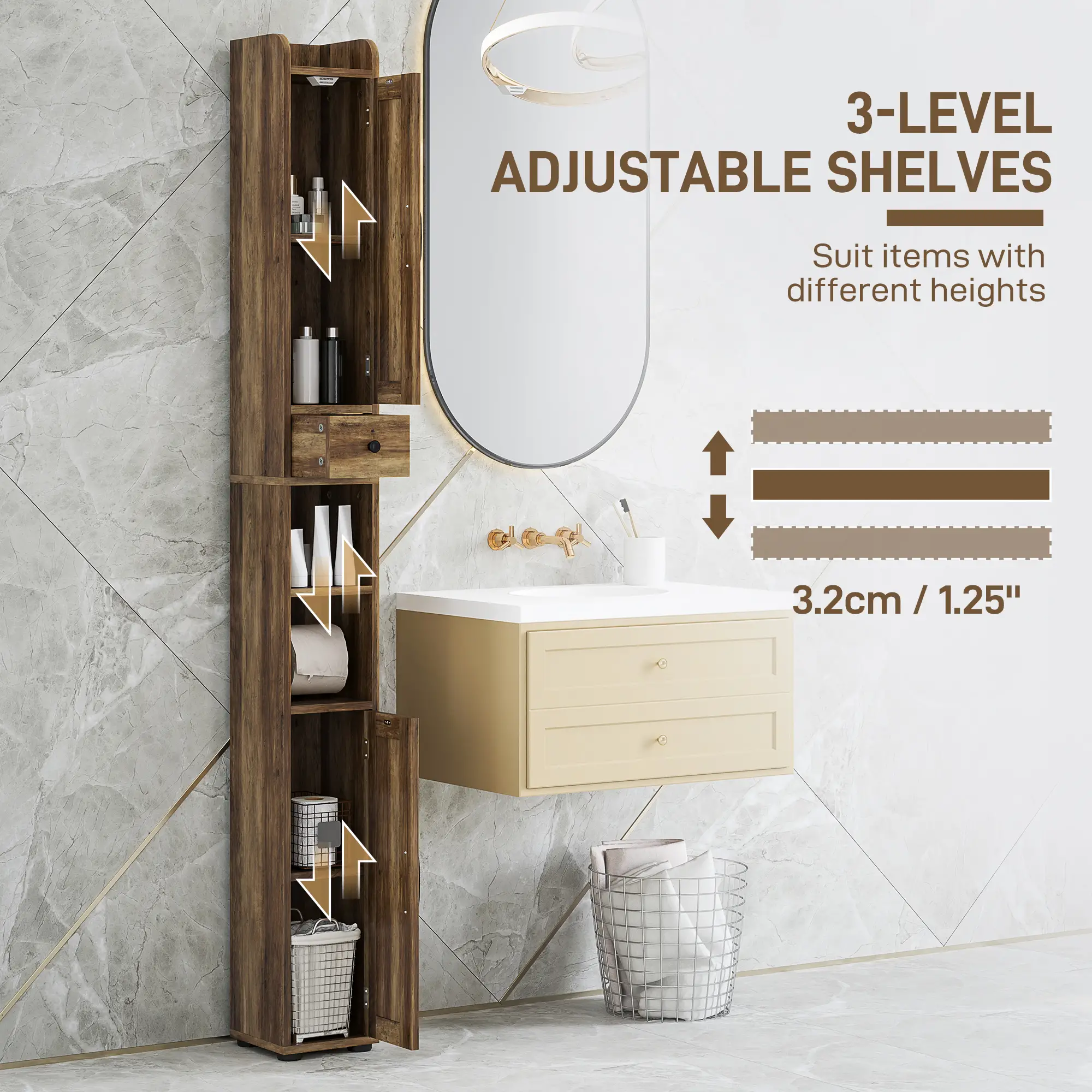Narrow Bathroom Cabinet, Tall Storage with Barn Doors, Drawer, Adjustable Shelves, Wood Grain, Brown - Image 5