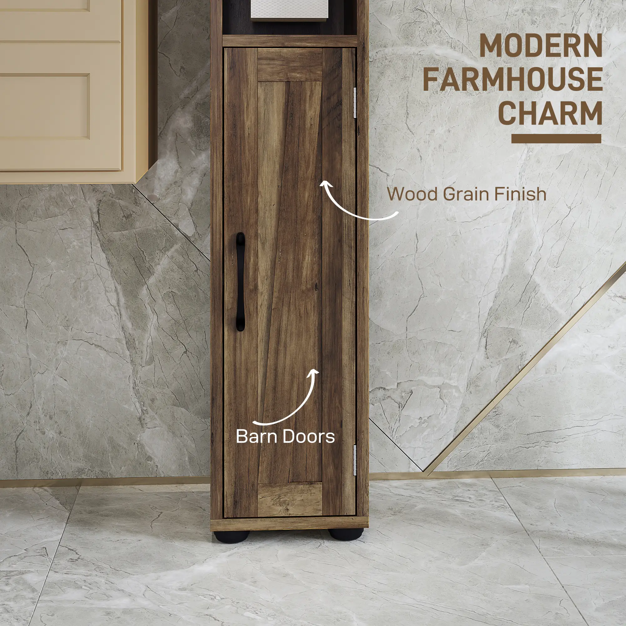 Narrow Bathroom Cabinet, Tall Storage with Barn Doors, Drawer, Adjustable Shelves, Wood Grain, Brown - Image 6