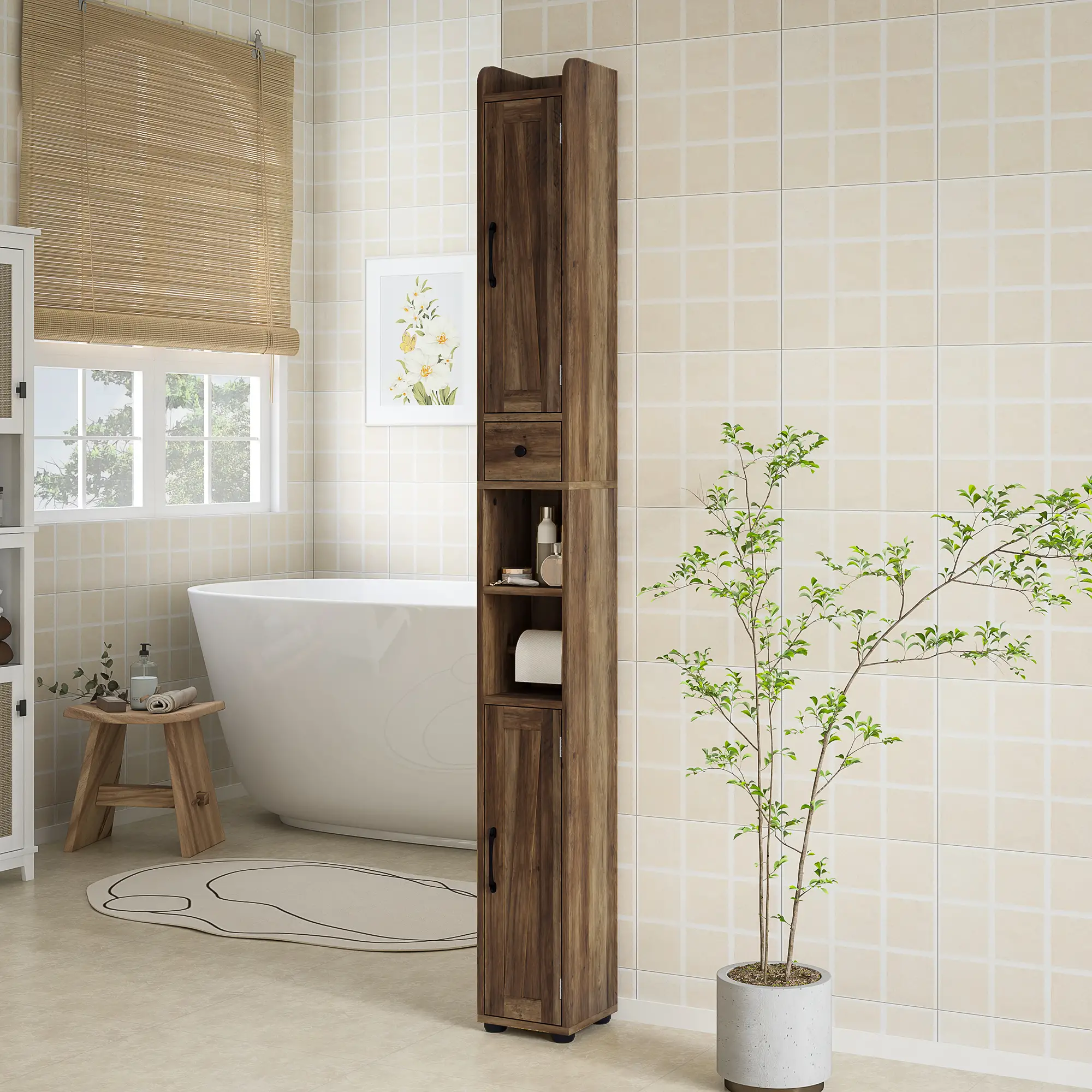 Narrow Bathroom Cabinet, Tall Storage with Barn Doors, Drawer, Adjustable Shelves, Wood Grain, Brown - Image 8