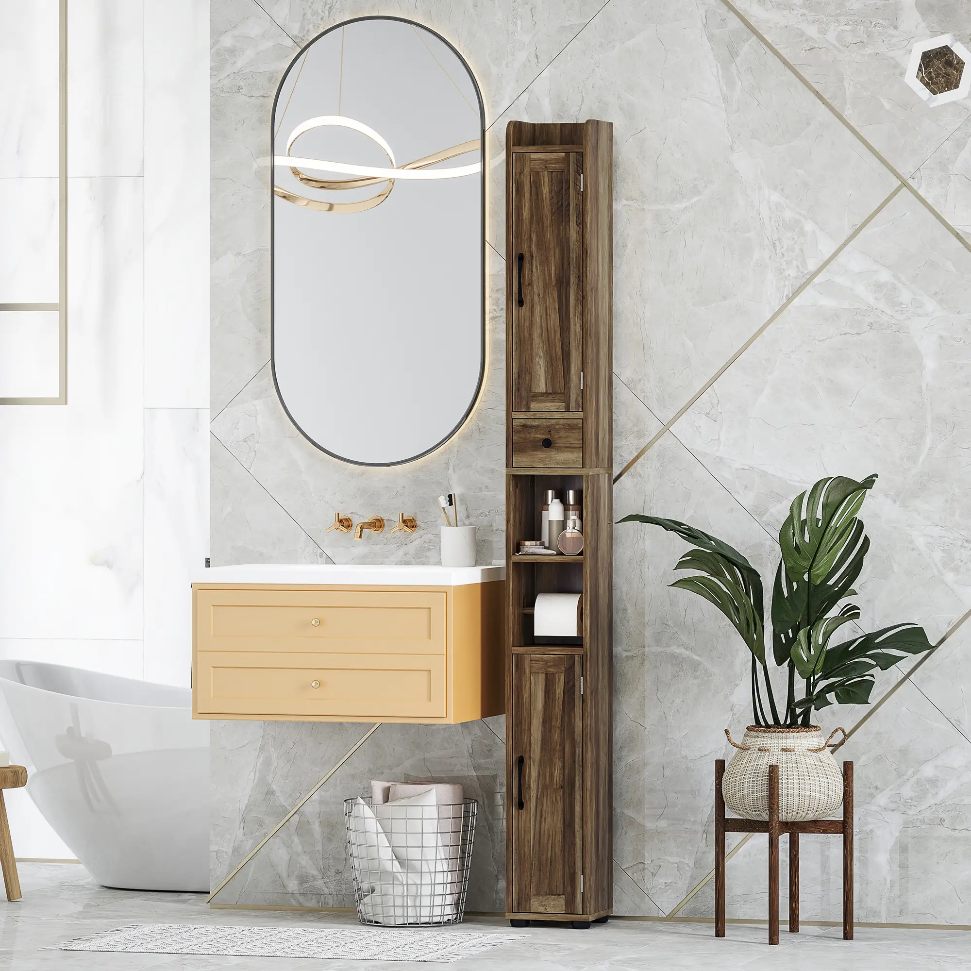 Narrow Bathroom Cabinet, Tall Storage with Barn Doors, Drawer, Adjustable Shelves, Wood Grain, Brown - Image 9