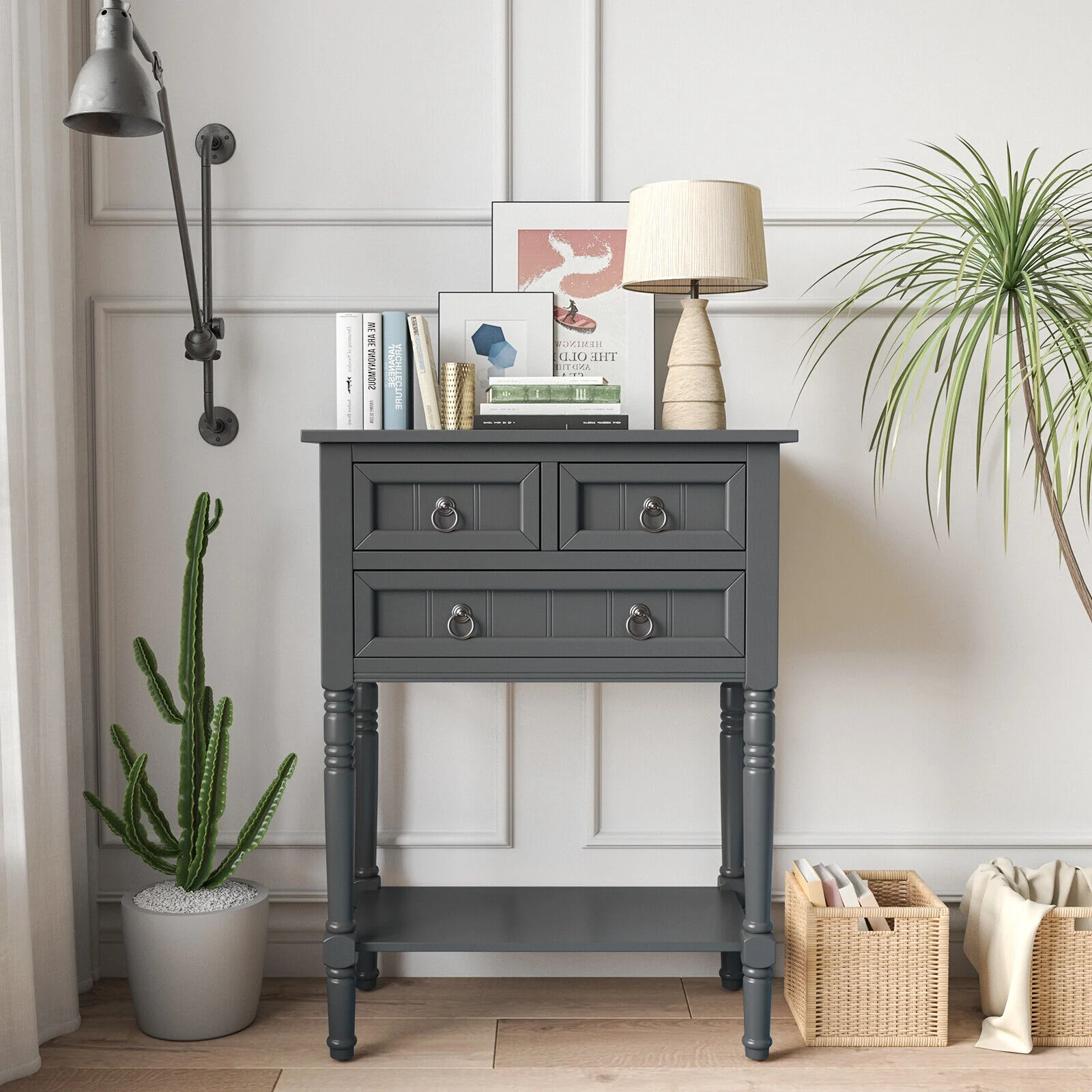 Narrow Console Table, 3 Storage Drawers, Open Bottom Shelf, Dark Gray - Image 2