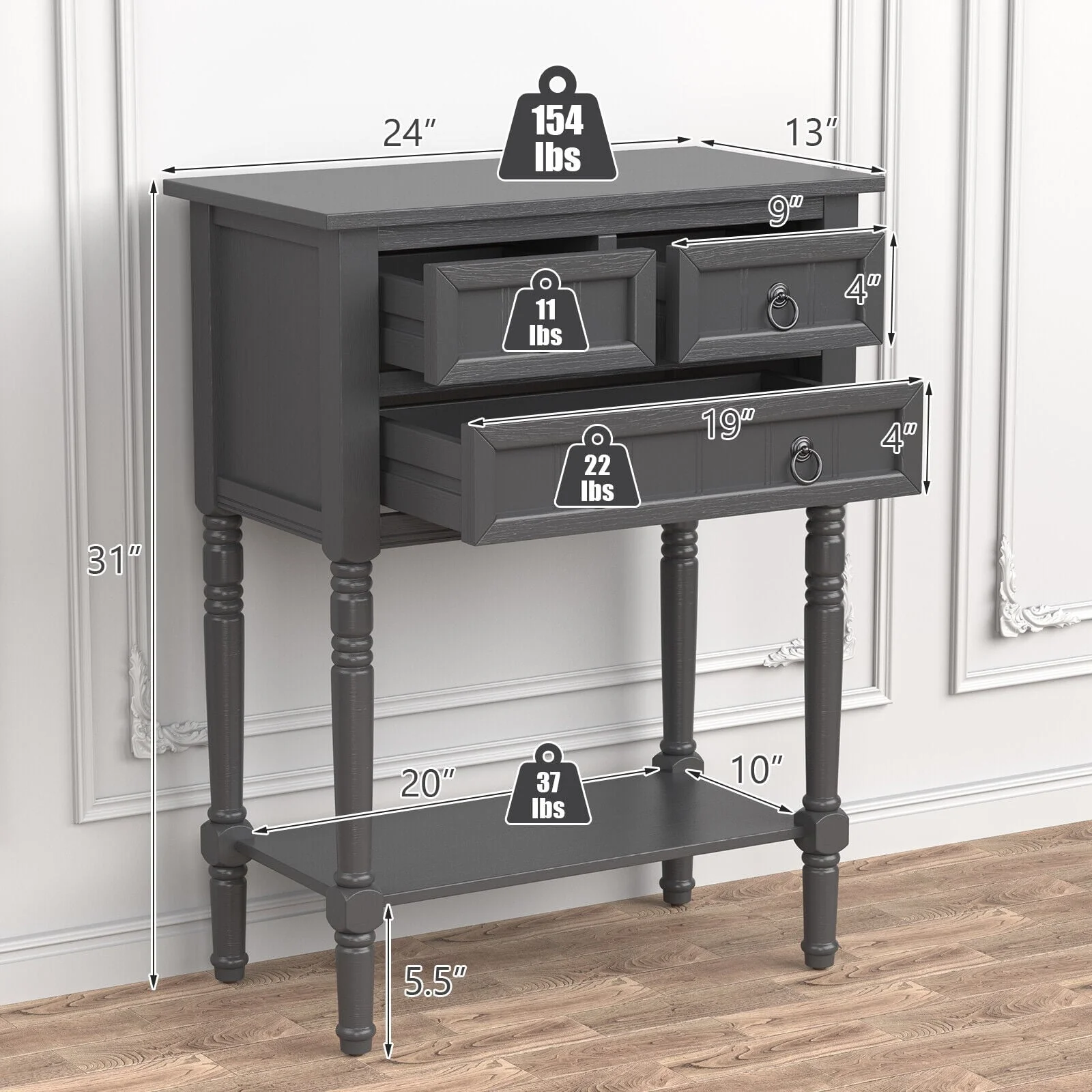 Narrow Console Table, 3 Storage Drawers, Open Bottom Shelf, Dark Gray - Image 5