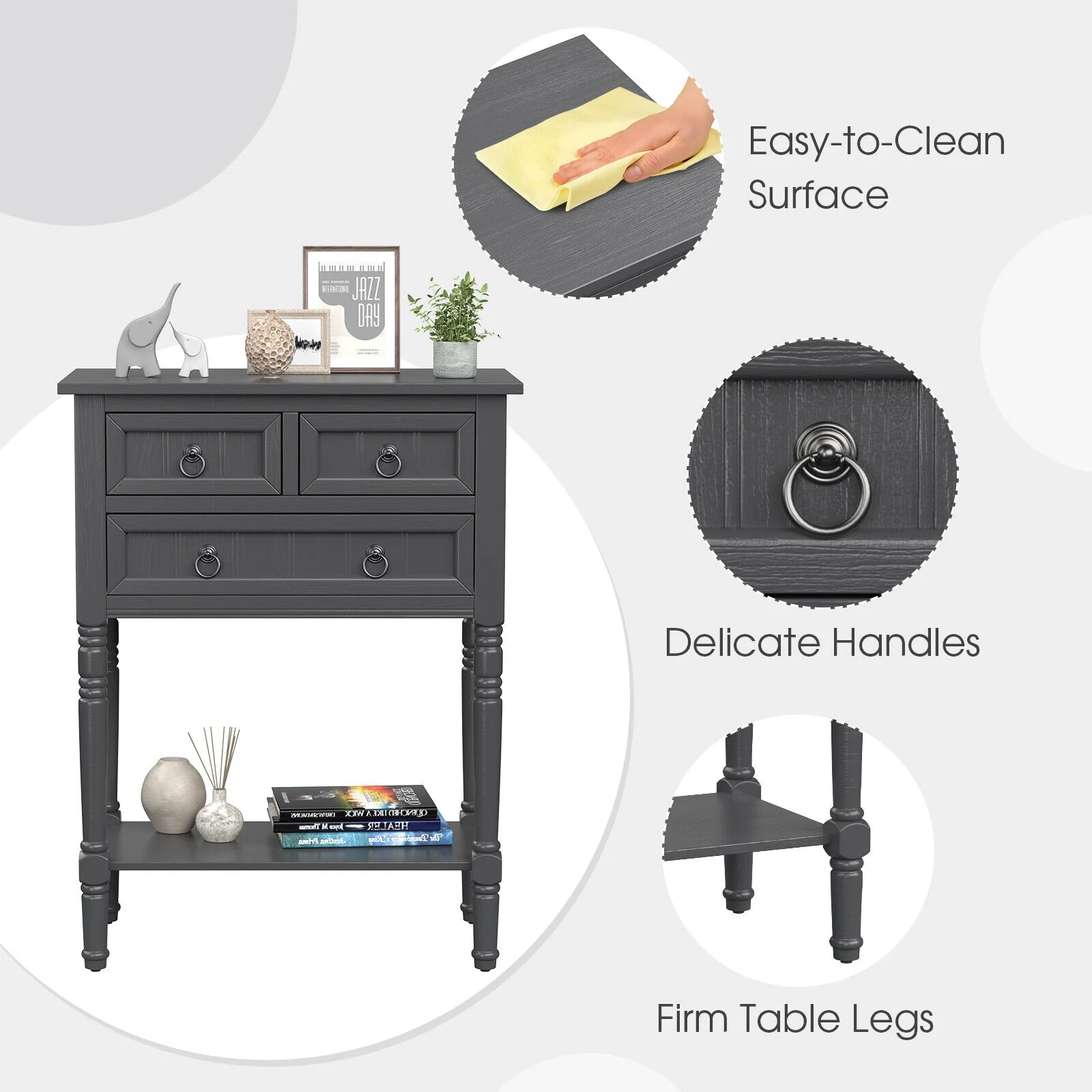 Narrow Console Table, 3 Storage Drawers, Open Bottom Shelf, Dark Gray - Image 8
