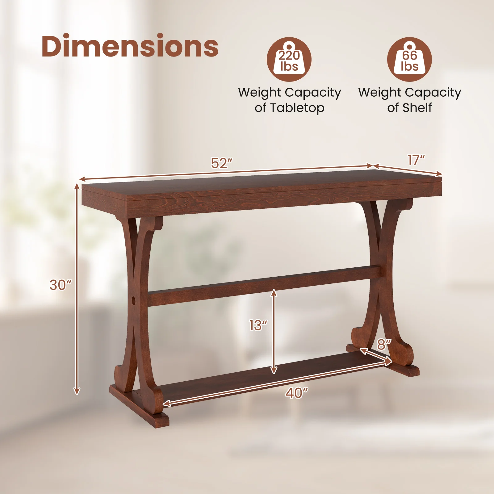 Narrow Console Table, 52 Inch, Walnut, Open Storage Shelf - Image 6