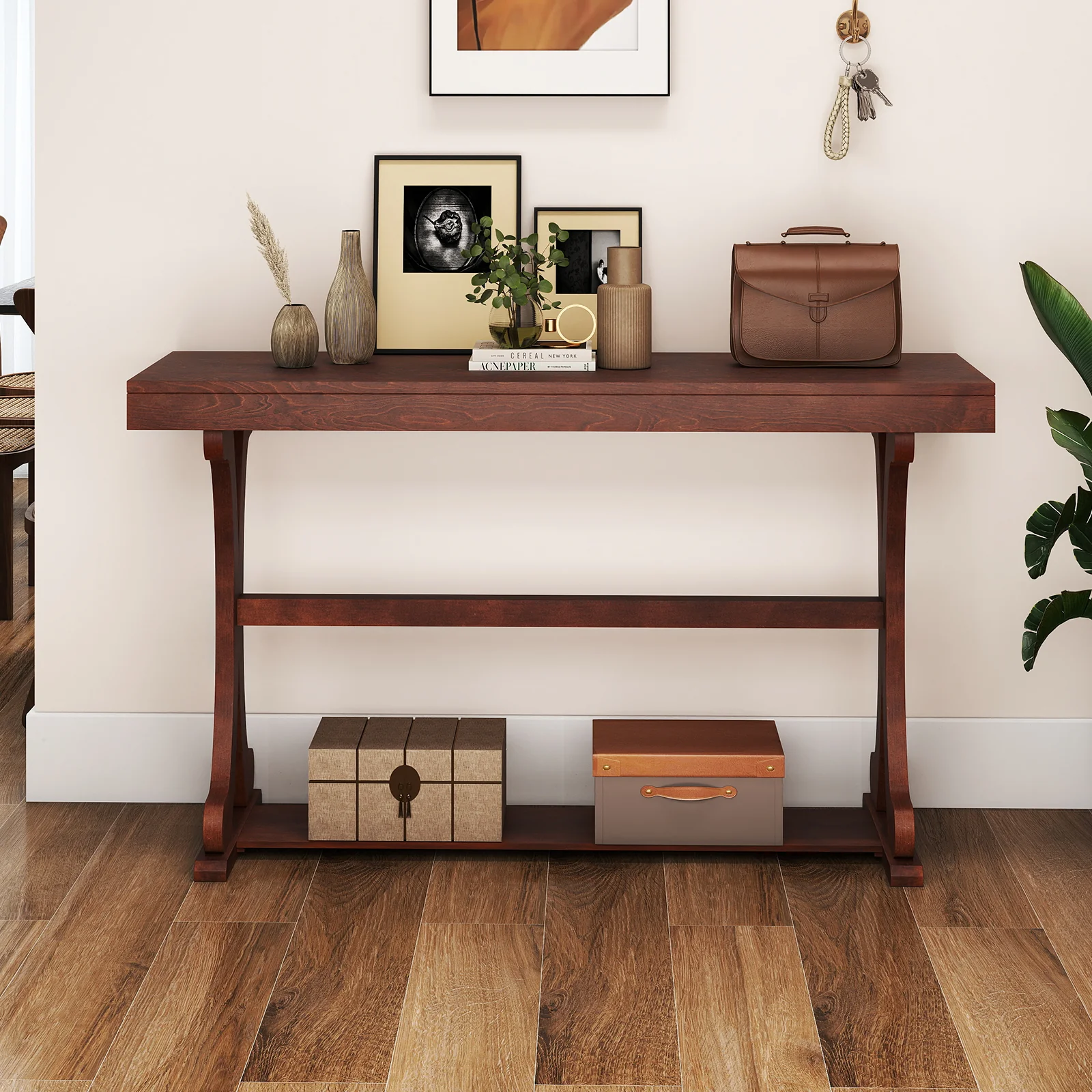 Narrow Console Table, 52 Inch, Walnut, Open Storage Shelf - Image 7