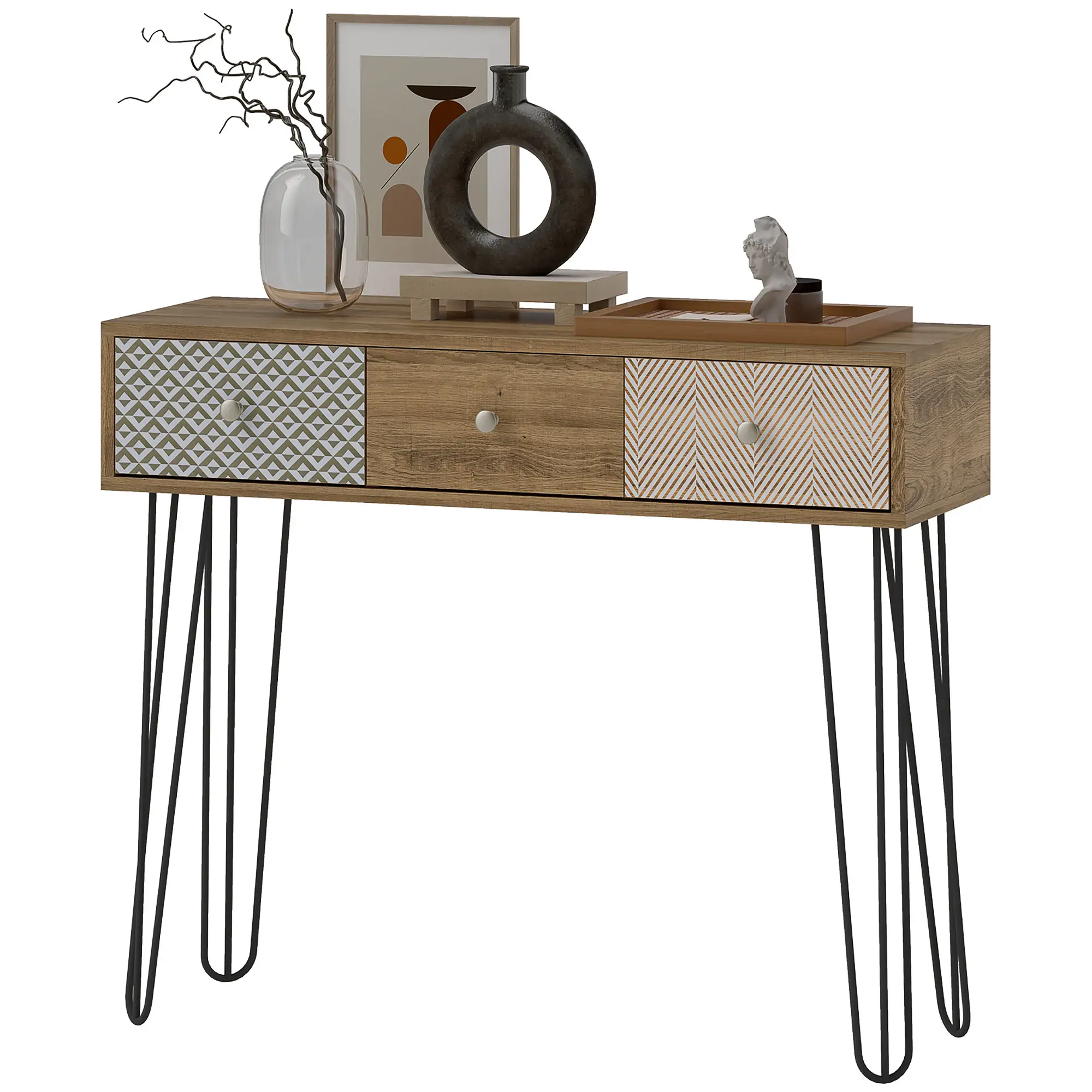 Narrow Console Table with Drawers, 35", Hairpin Legs, Brown