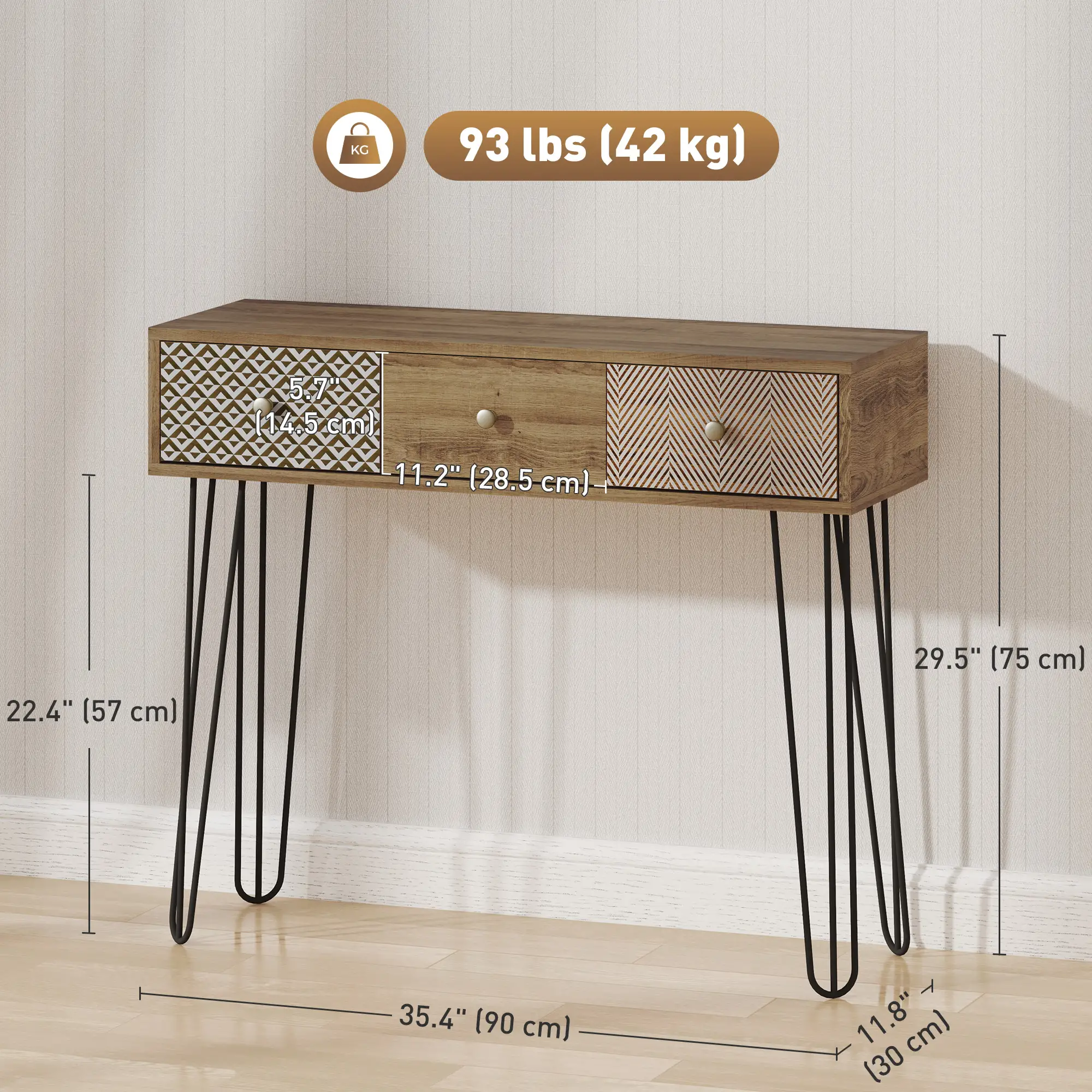 Narrow Console Table with Drawers, 35", Hairpin Legs, Brown - Image 3