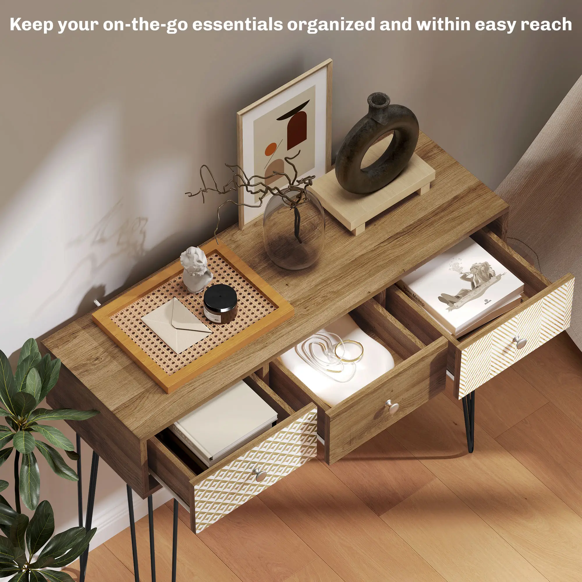 Narrow Console Table with Drawers, 35", Hairpin Legs, Brown - Image 4