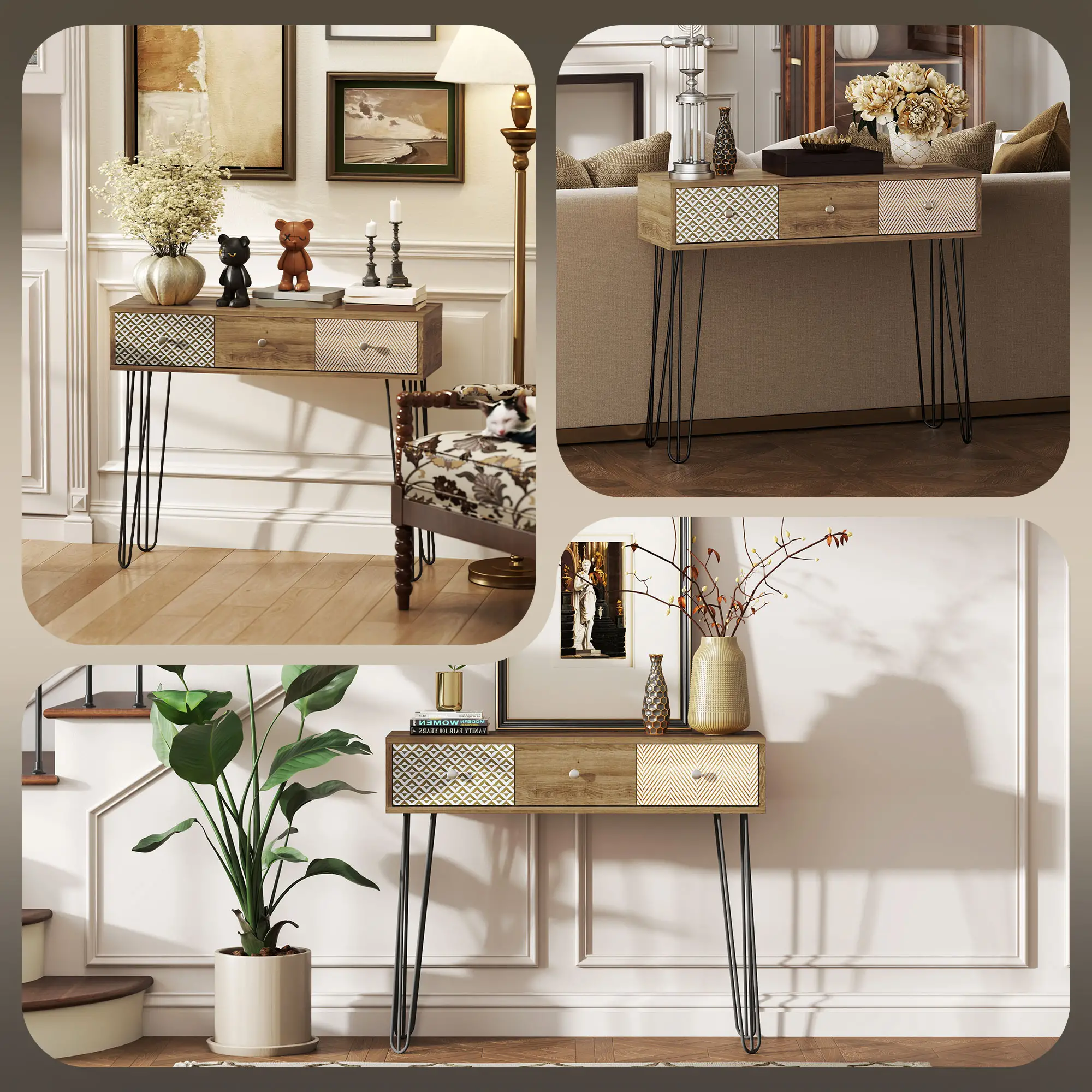 Narrow Console Table with Drawers, 35", Hairpin Legs, Brown - Image 5