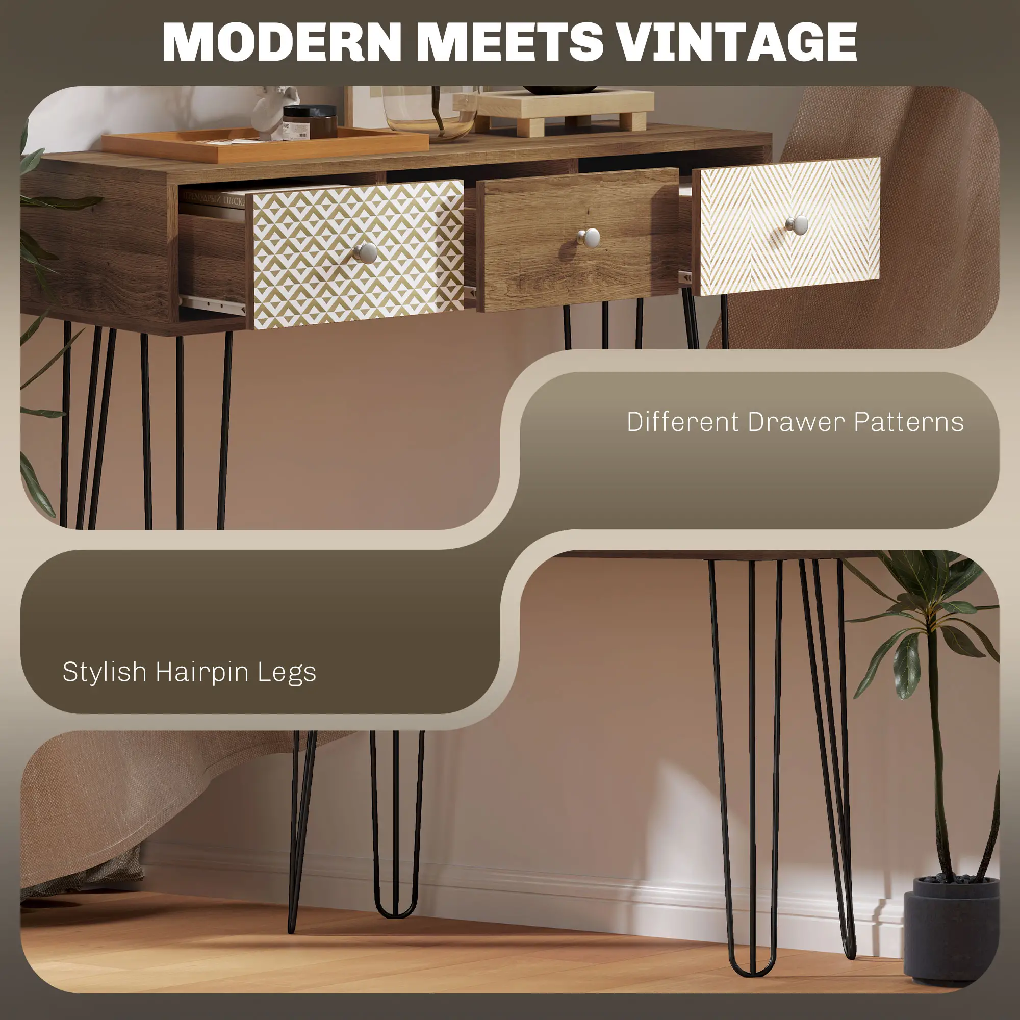 Narrow Console Table with Drawers, 35", Hairpin Legs, Brown - Image 6