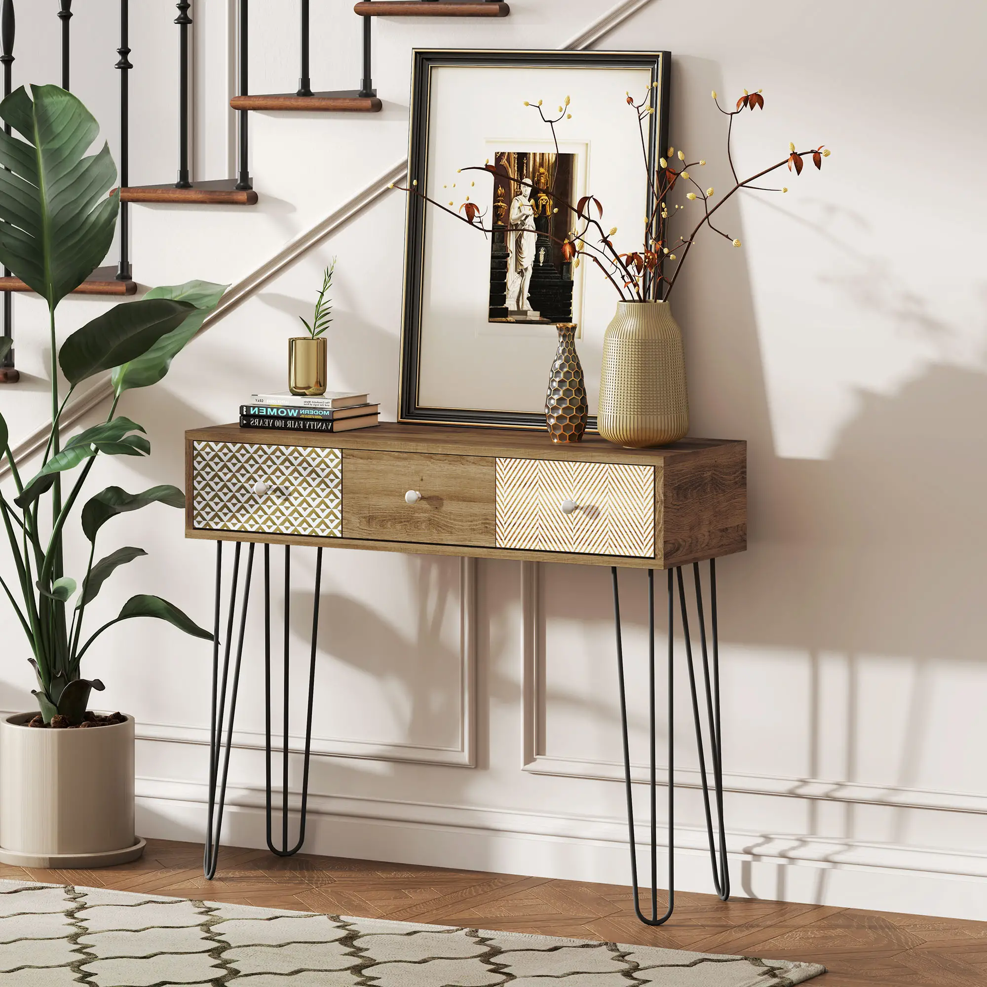 Narrow Console Table with Drawers, 35", Hairpin Legs, Brown - Image 8