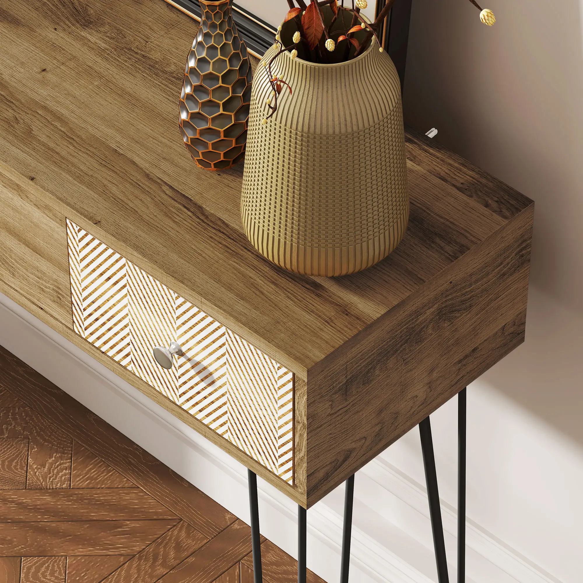 Narrow Console Table with Drawers, 35", Hairpin Legs, Brown - Image 9