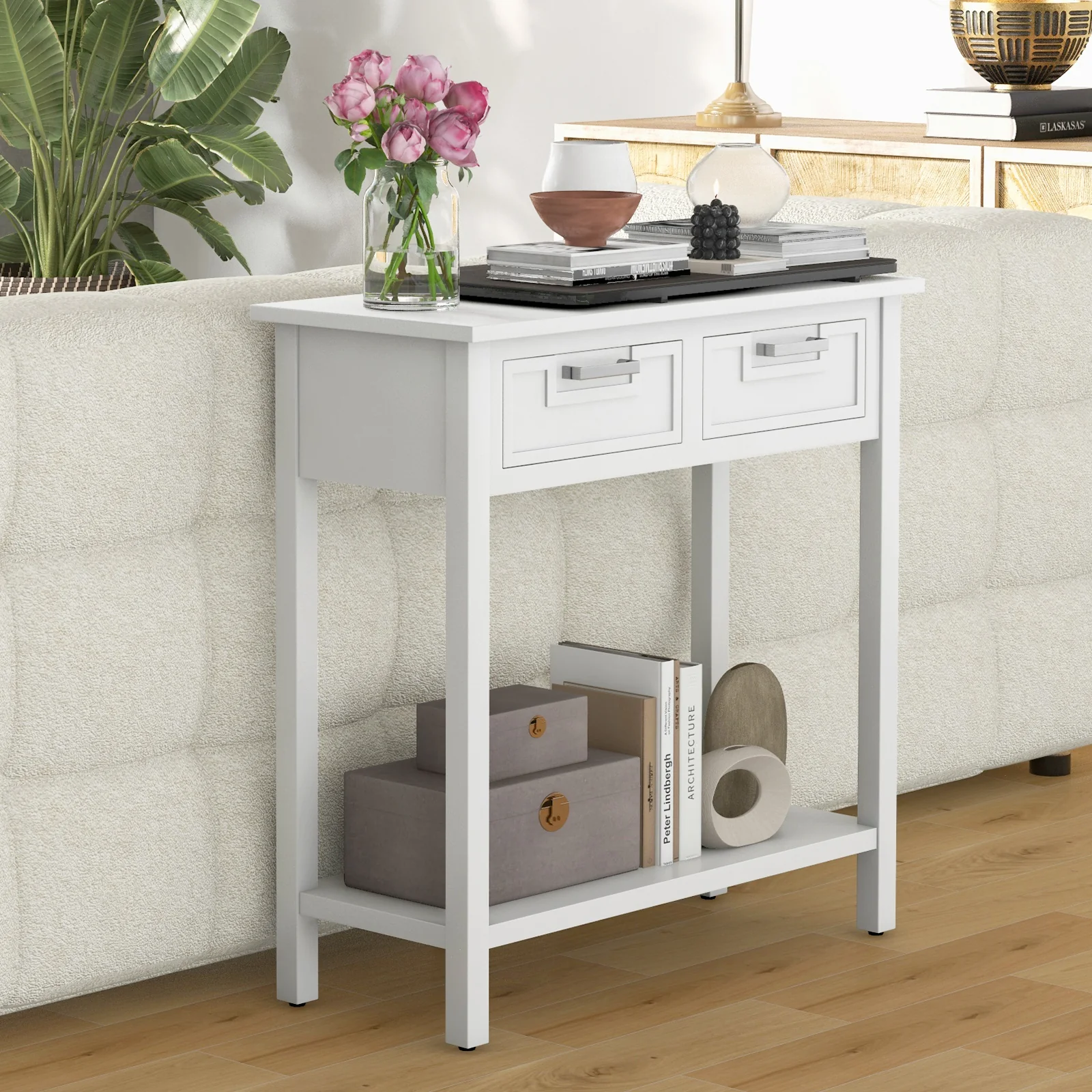 Narrow Console Table With Drawers, Open Shelf, White - Image 3