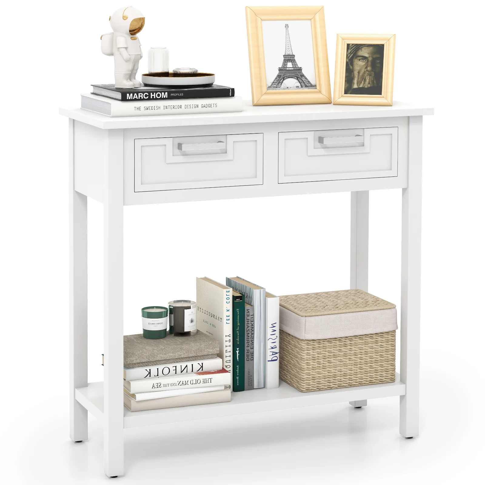 Narrow Console Table With Drawers, Open Shelf, White - Image 4