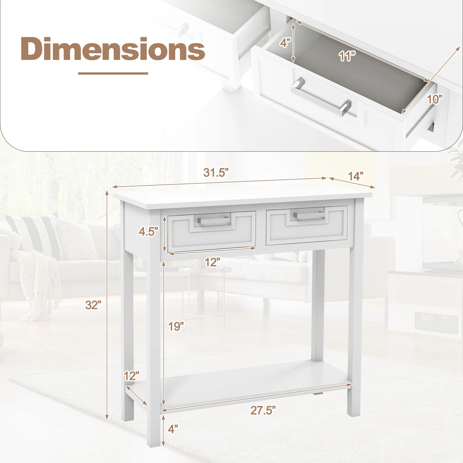 Narrow Console Table With Drawers, Open Shelf, White - Image 6