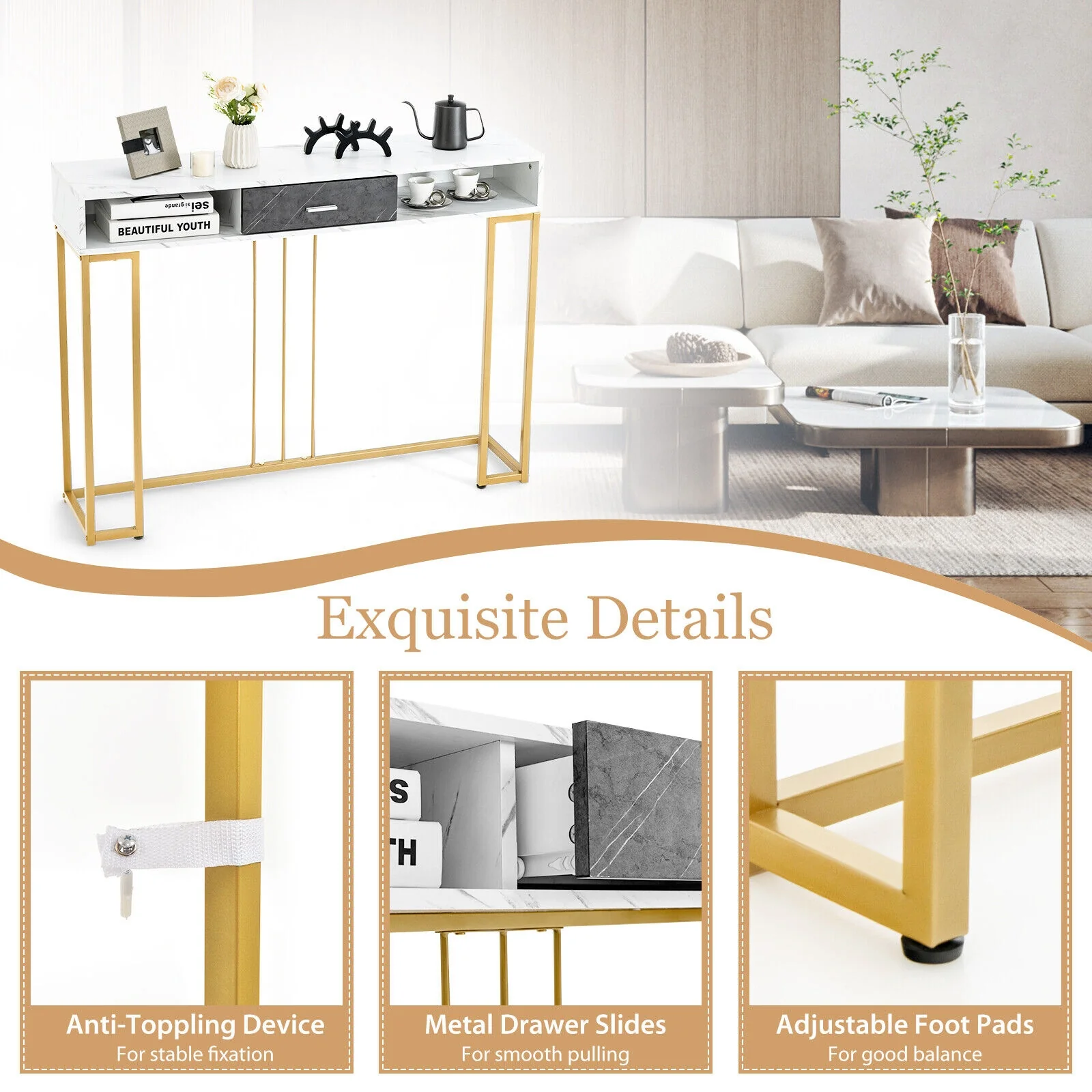 Narrow Long Sofa Table, White - Image 3