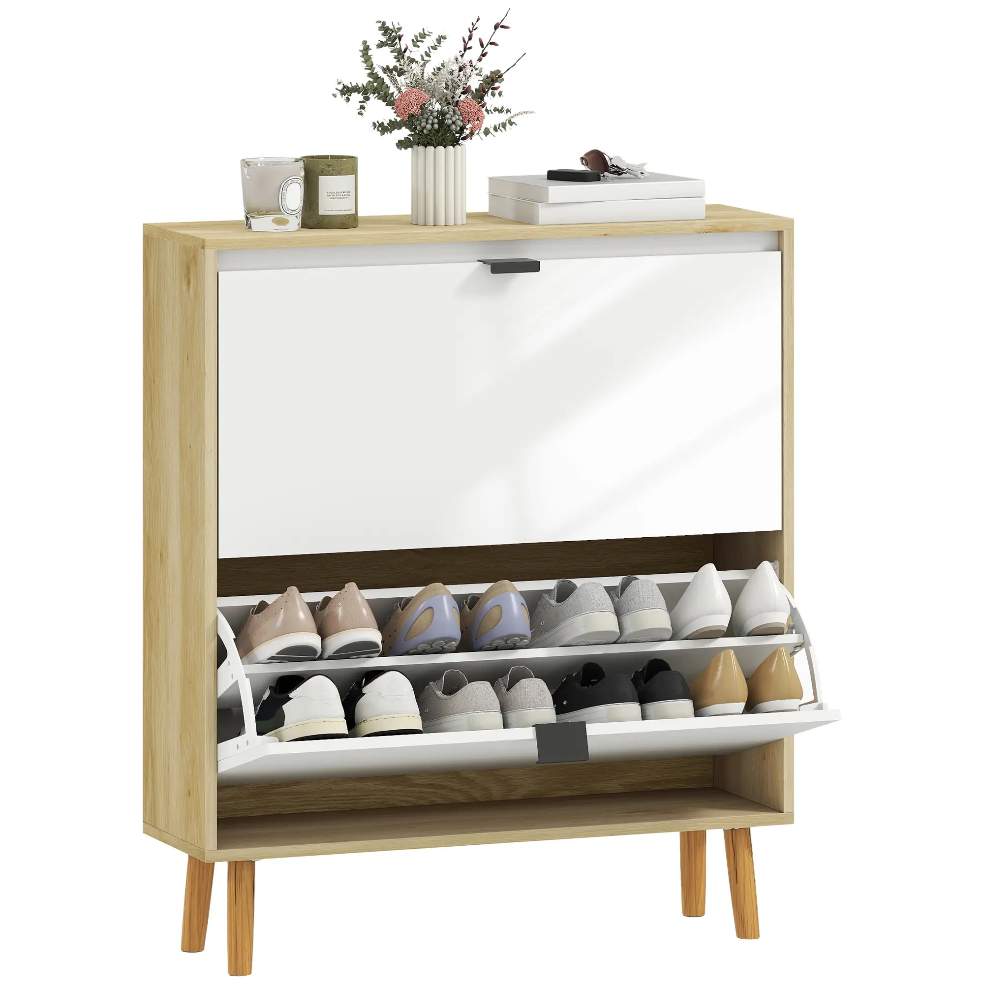 Narrow Shoe Cabinet, 2 Flip Drawers, Adjustable Shelves, Holds 16 Pairs, White - Image 11