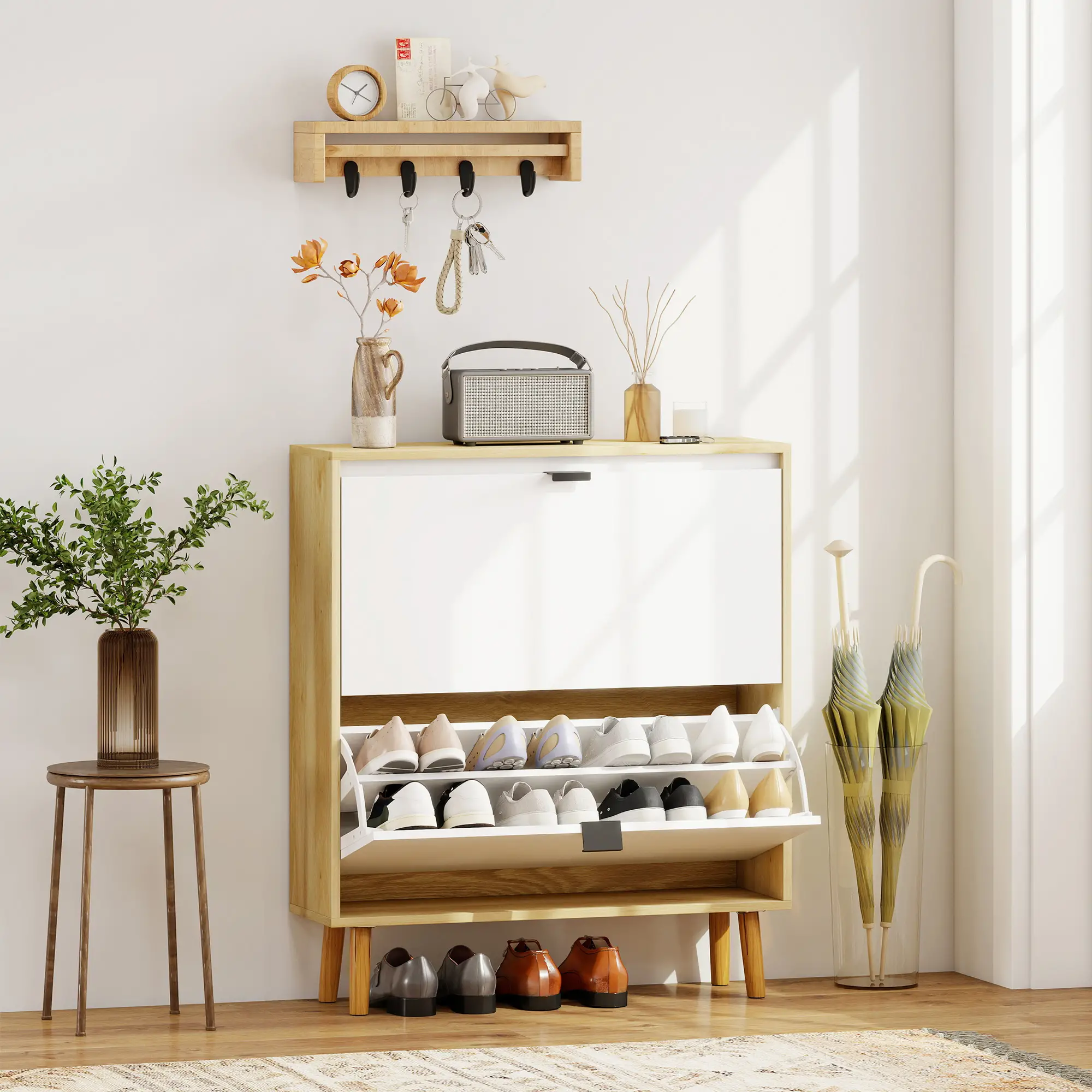 Narrow Shoe Cabinet, 2 Flip Drawers, Adjustable Shelves, Holds 16 Pairs, White - Image 2