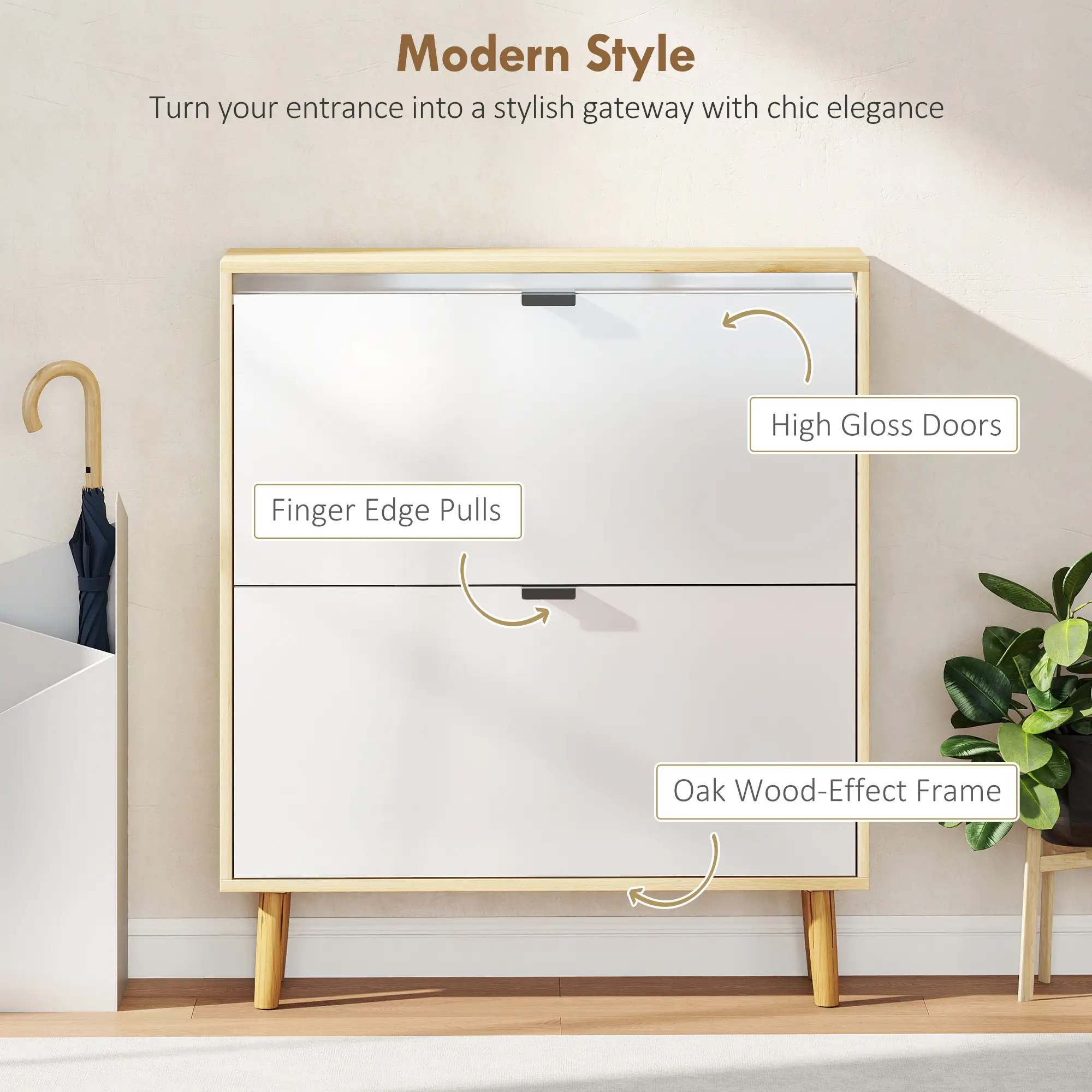 Narrow Shoe Cabinet, 2 Flip Drawers, Adjustable Shelves, Holds 16 Pairs, White - Image 4