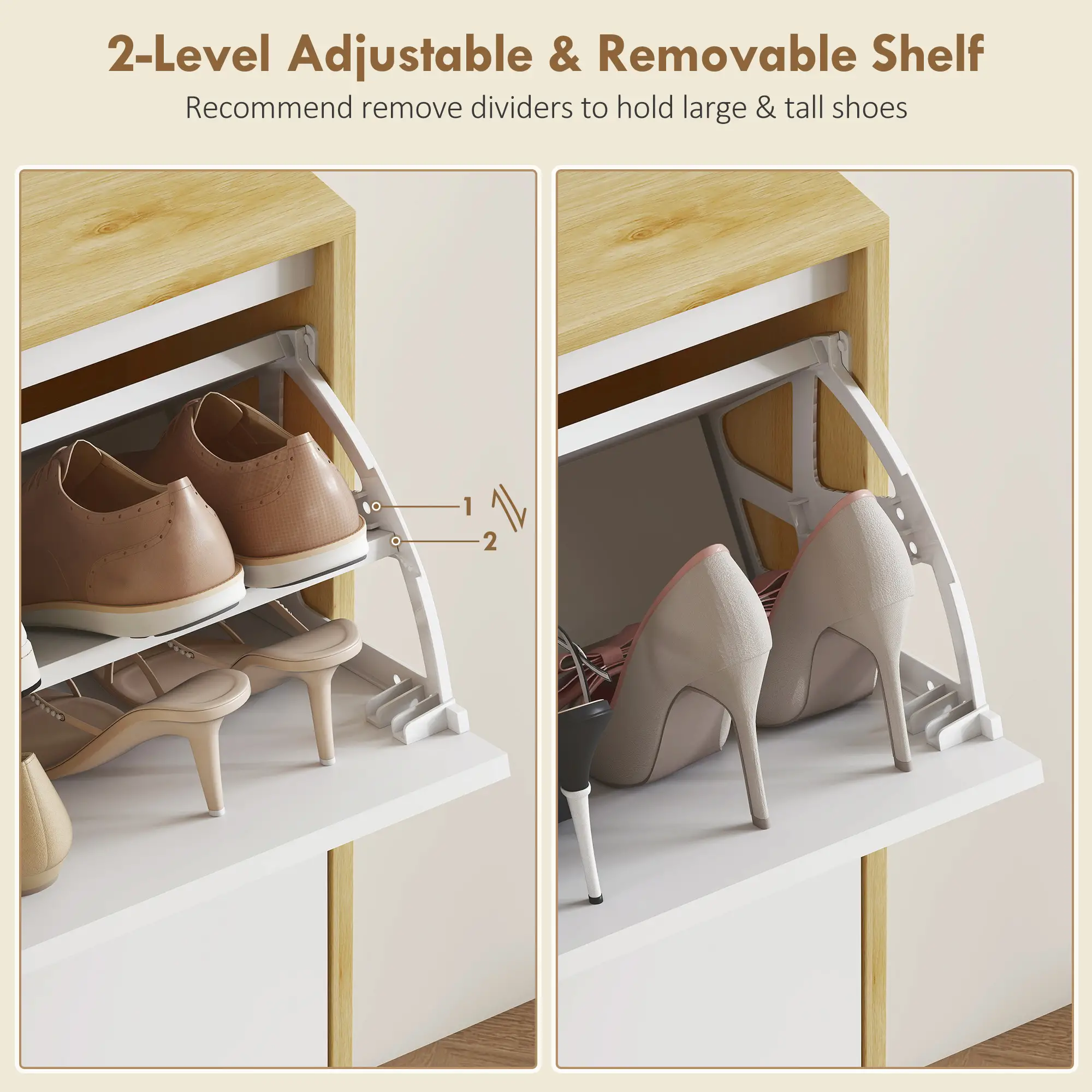 Narrow Shoe Cabinet, 2 Flip Drawers, Adjustable Shelves, Holds 16 Pairs, White - Image 6