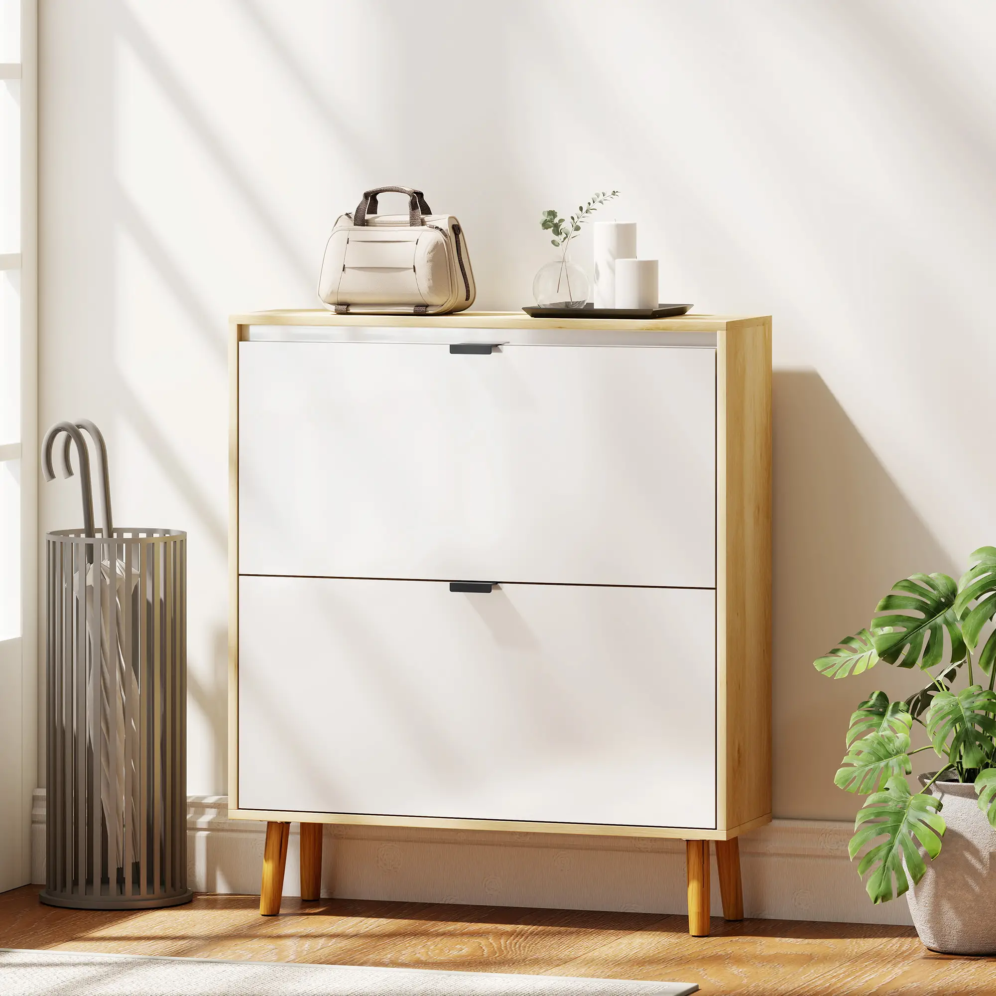 Narrow Shoe Cabinet, 2 Flip Drawers, Adjustable Shelves, Holds 16 Pairs, White - Image 8
