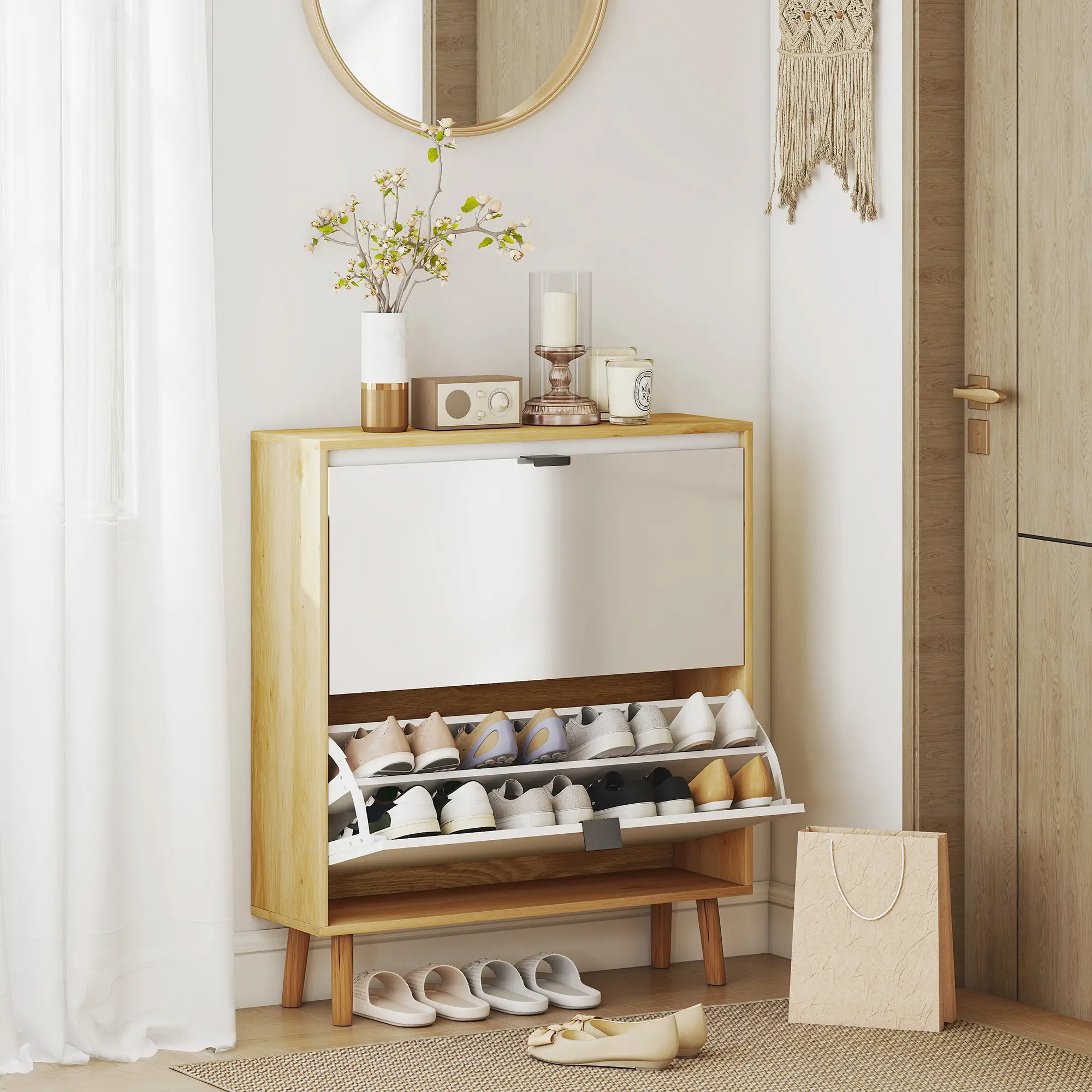 Narrow Shoe Cabinet, 2 Flip Drawers, Adjustable Shelves, Holds 16 Pairs, White - Image 9