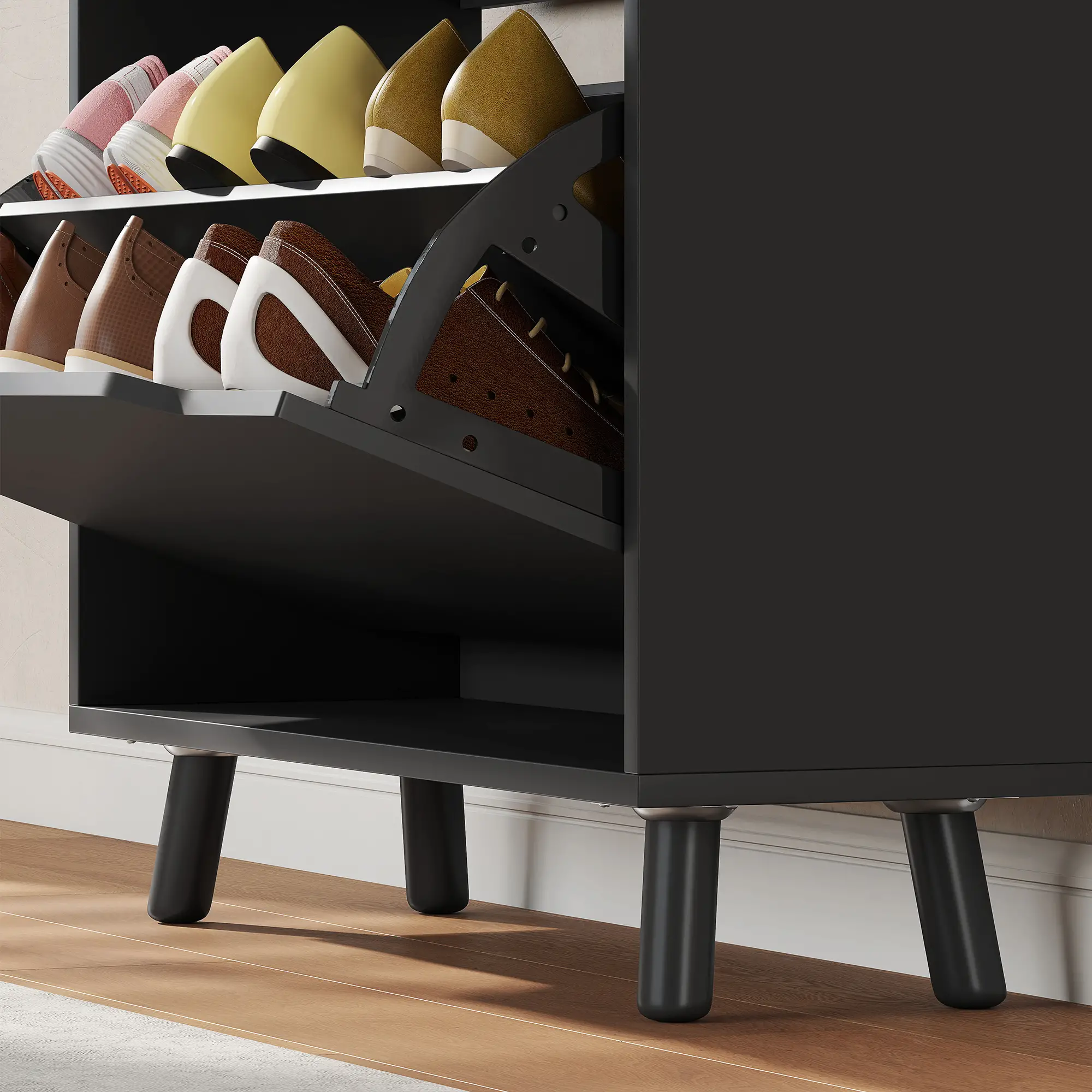 Narrow Shoe Cabinet, 2 Flip Drawers, Top Drawer, Adjustable Shelves, Black - Image 10