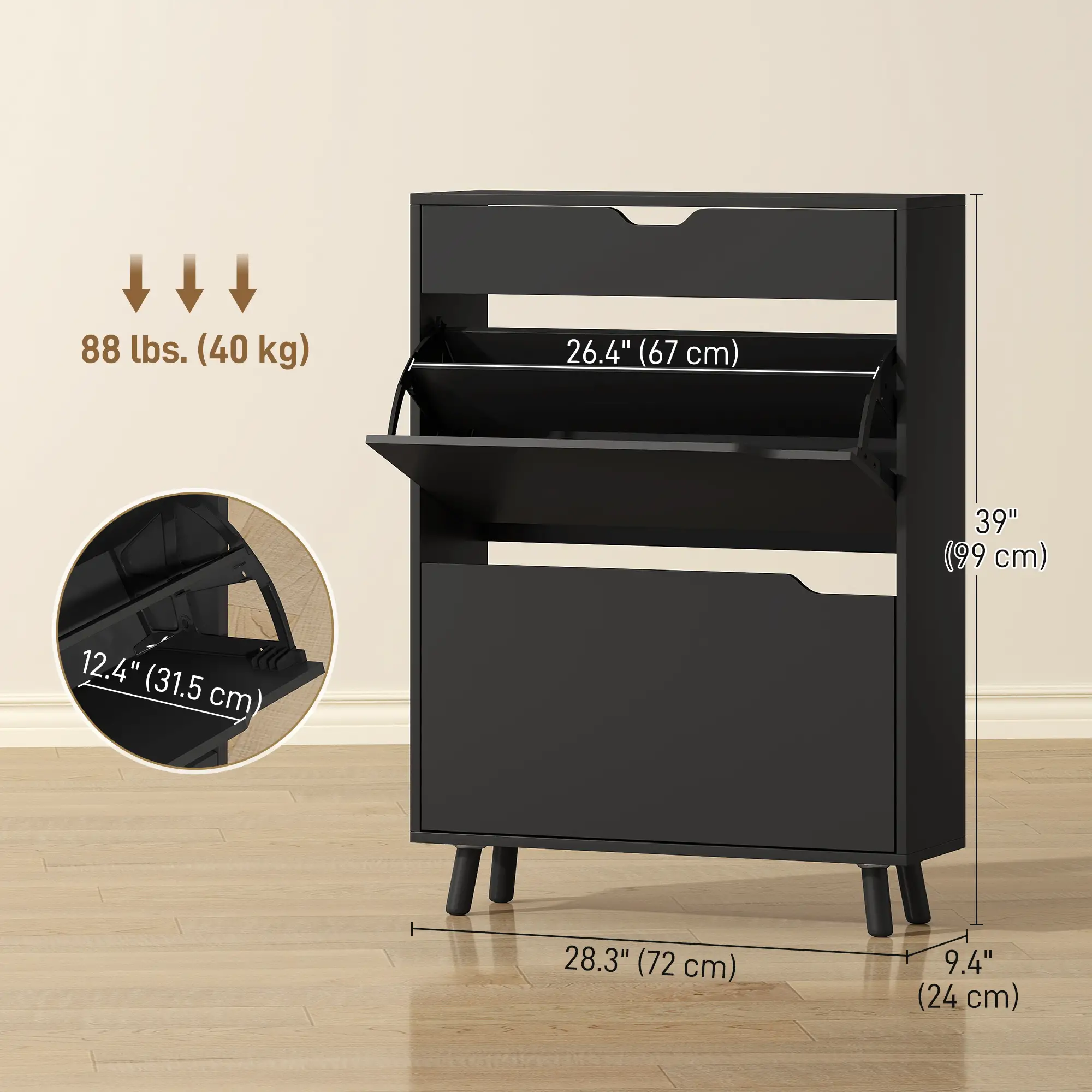 Narrow Shoe Cabinet, 2 Flip Drawers, Top Drawer, Adjustable Shelves, Black - Image 3