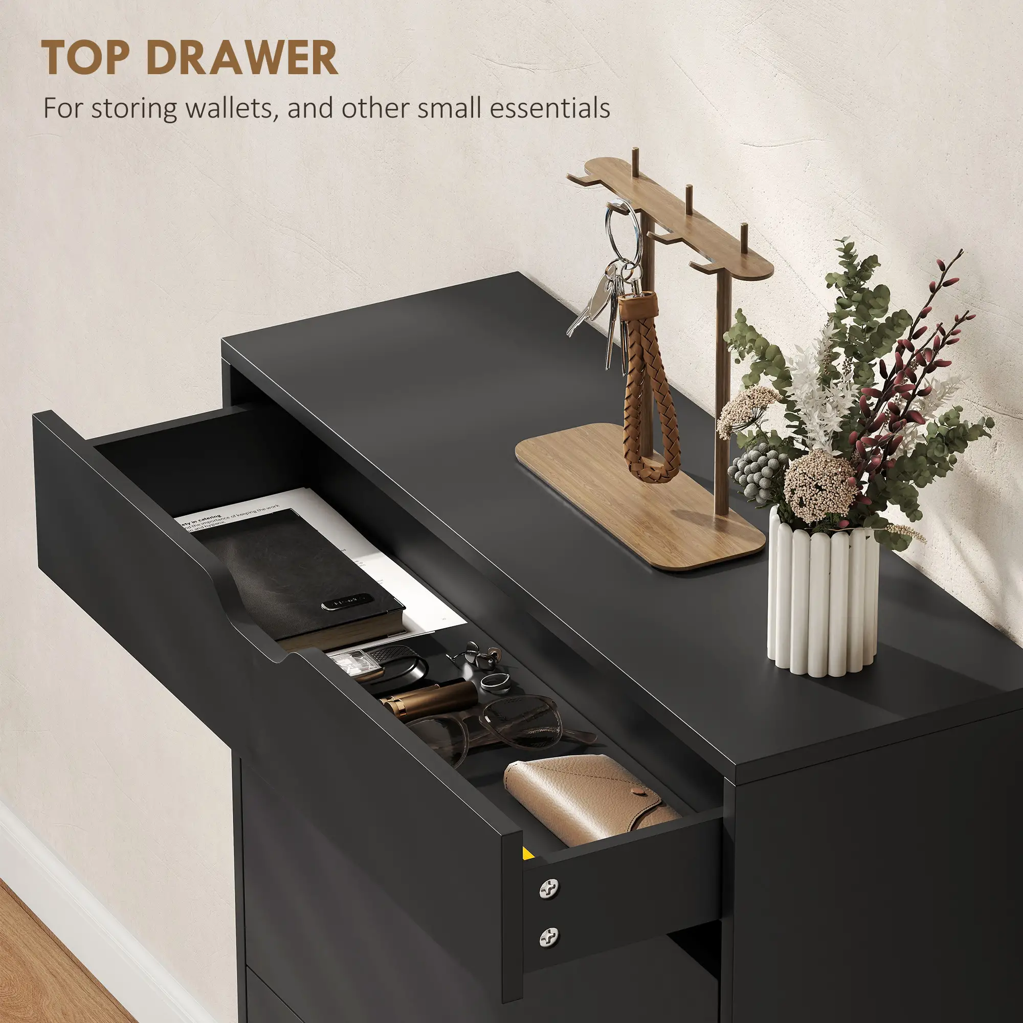 Narrow Shoe Cabinet, 2 Flip Drawers, Top Drawer, Adjustable Shelves, Black - Image 5
