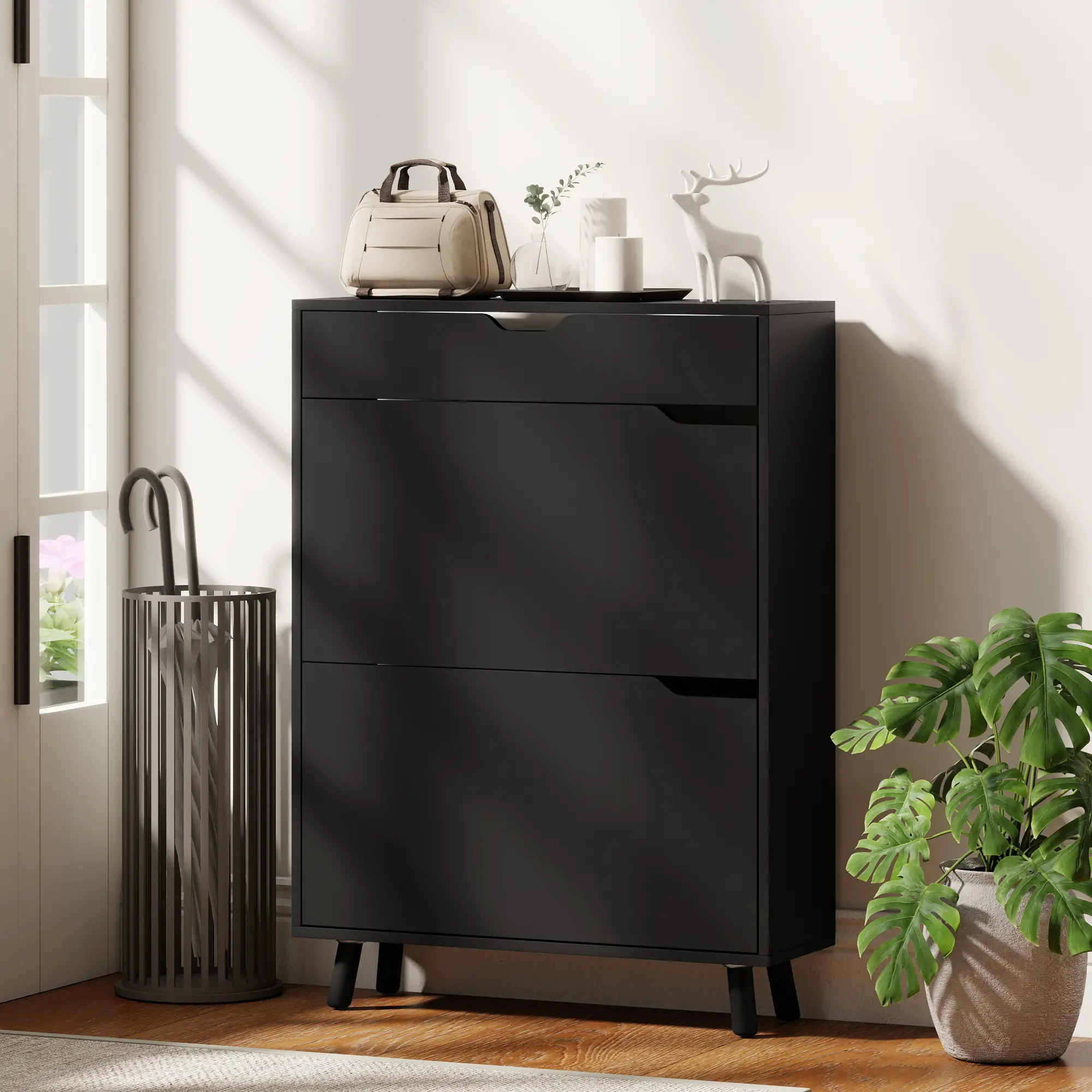 Narrow Shoe Cabinet, 2 Flip Drawers, Top Drawer, Adjustable Shelves, Black - Image 8