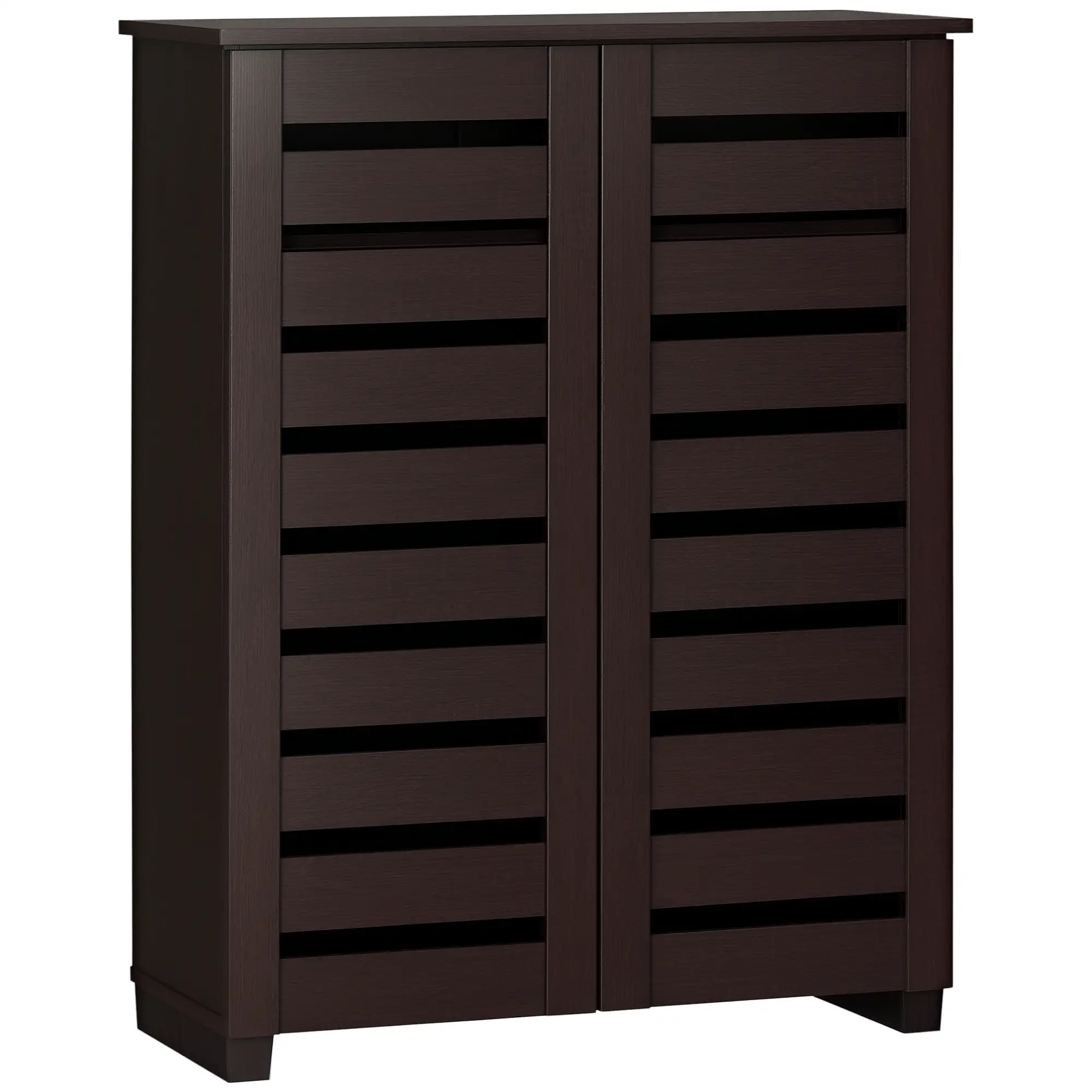 Narrow Shoe Cabinet, 2 Slatted Doors, Adjustable Shelves, Holds 15 Pairs, Dark Brown