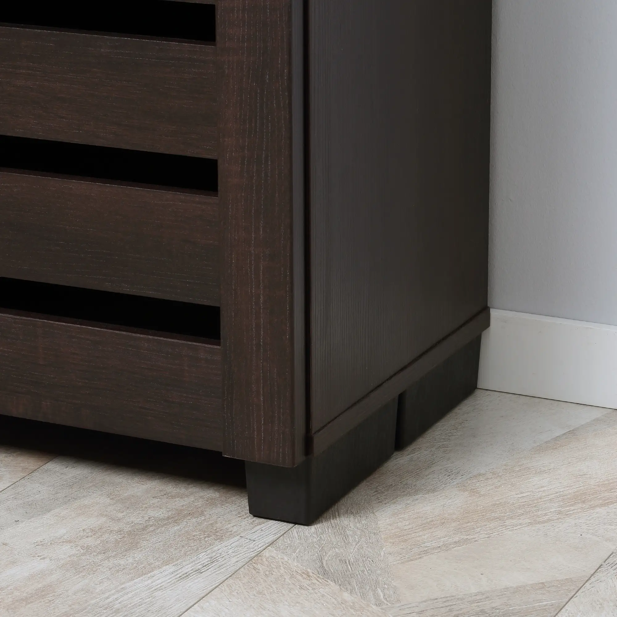 Narrow Shoe Cabinet, 2 Slatted Doors, Adjustable Shelves, Holds 15 Pairs, Dark Brown - Image 10