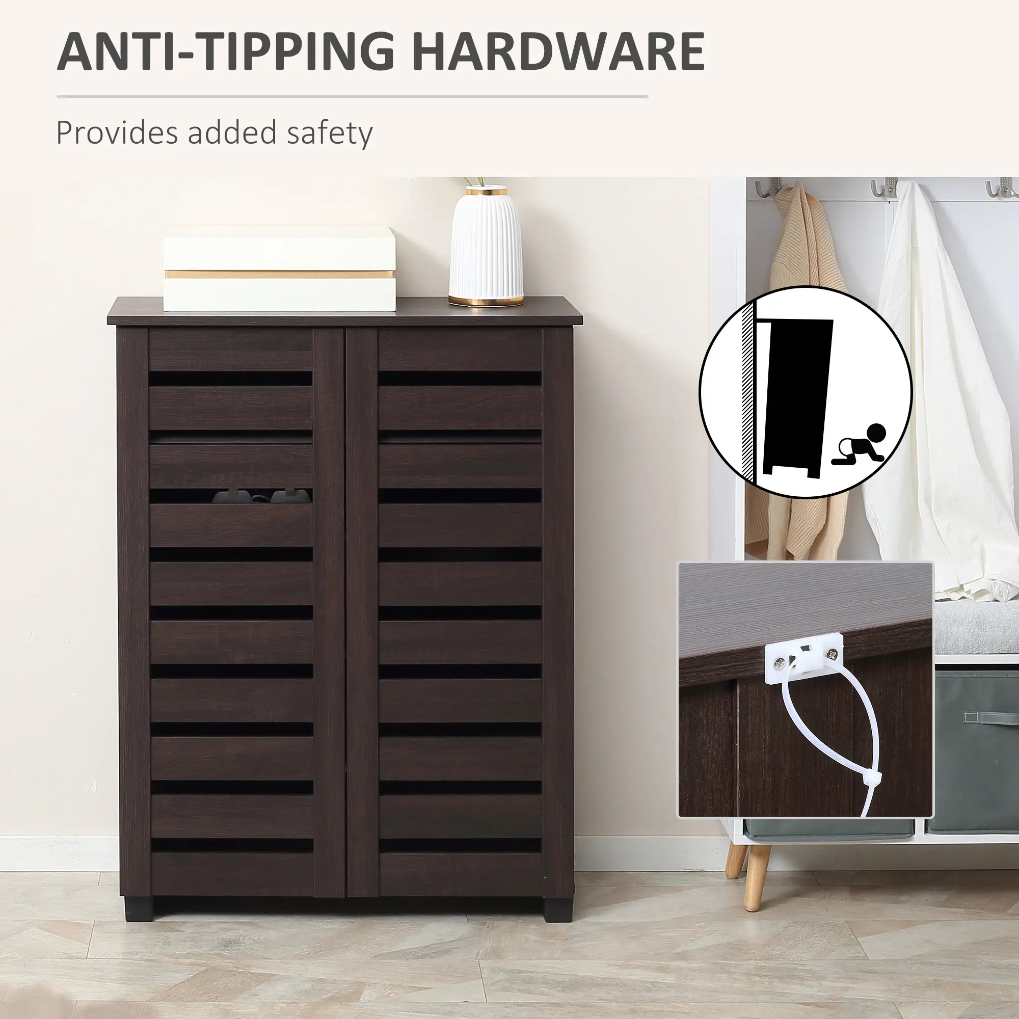 Narrow Shoe Cabinet, 2 Slatted Doors, Adjustable Shelves, Holds 15 Pairs, Dark Brown - Image 7