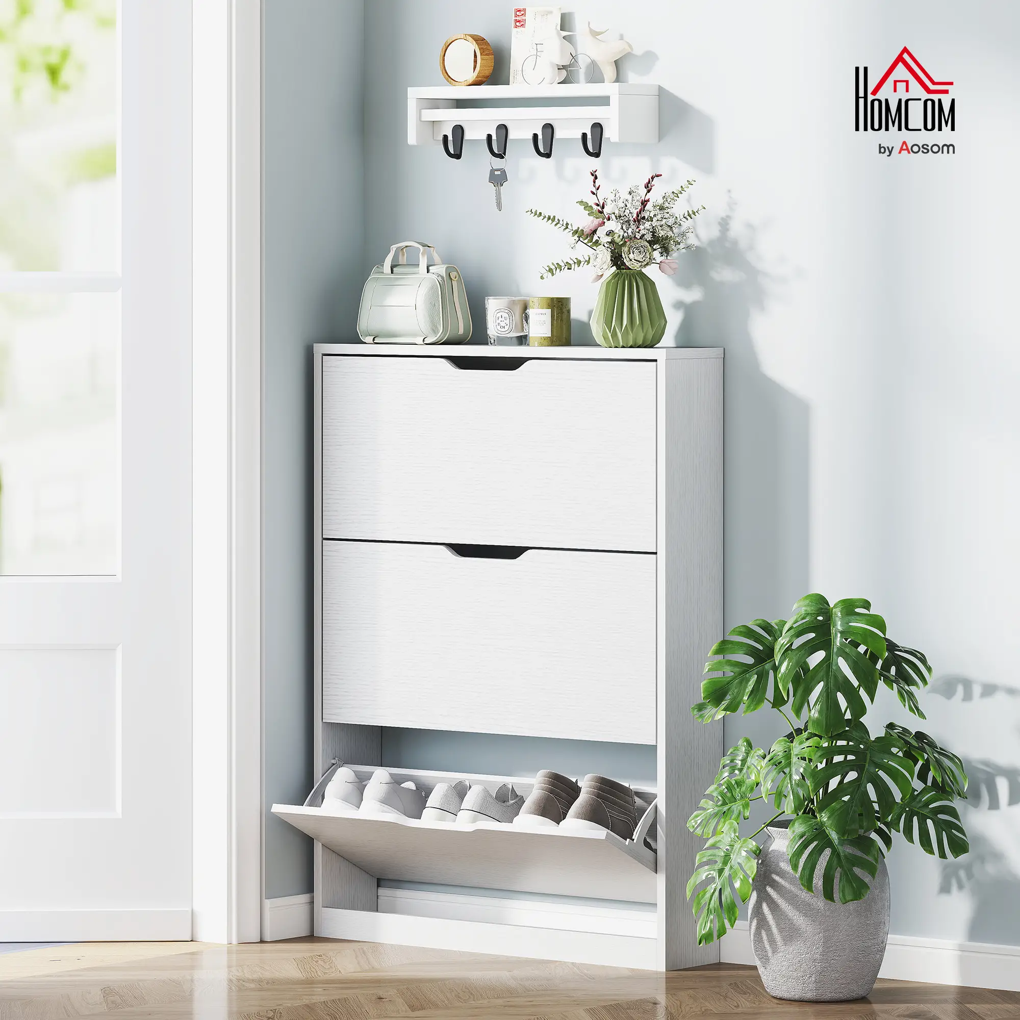 Narrow Shoe Cabinet 3 Flip Drawers, 31.5"W x 6.7"D x 42.5"H, White - Image 2