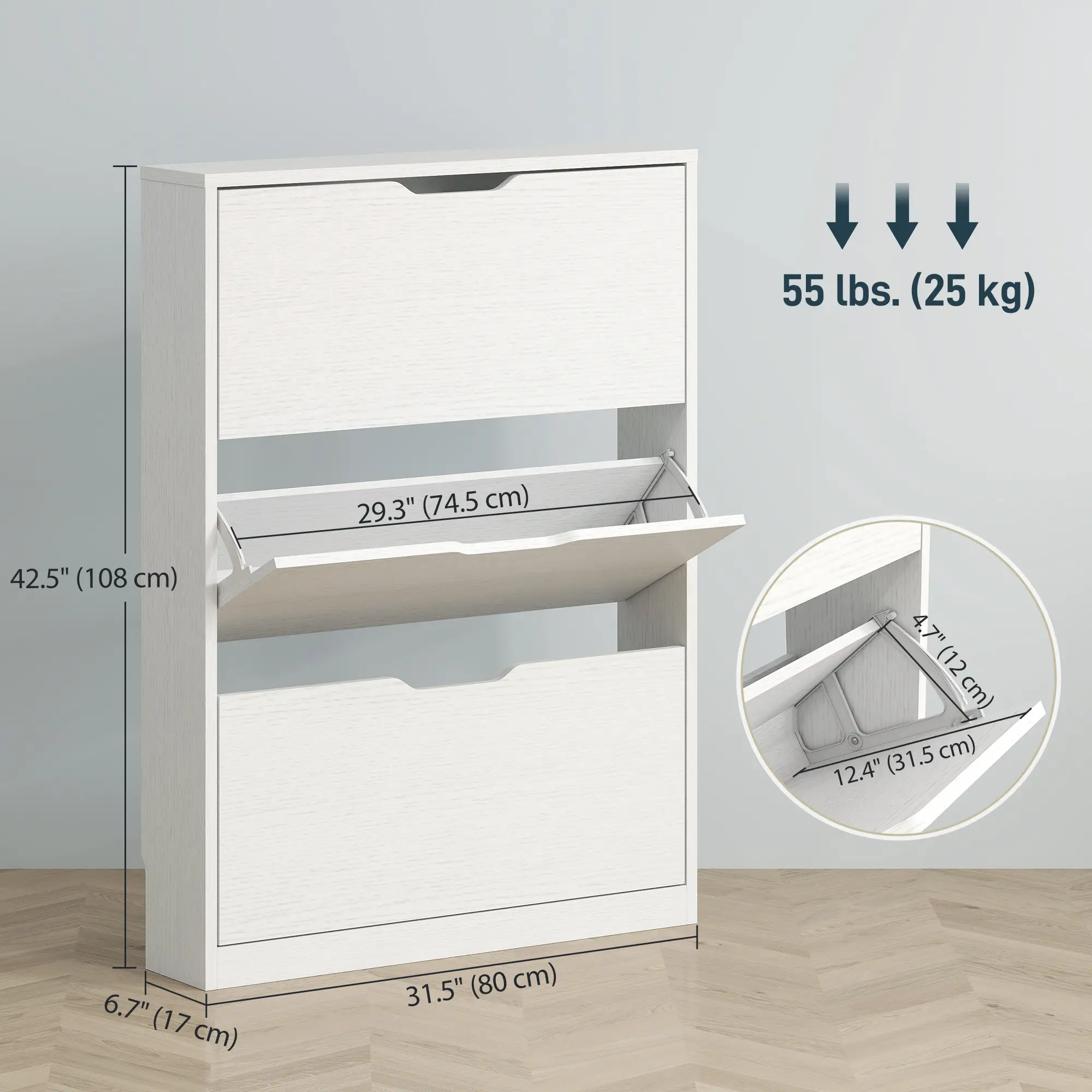 Narrow Shoe Cabinet 3 Flip Drawers, 31.5"W x 6.7"D x 42.5"H, White - Image 3