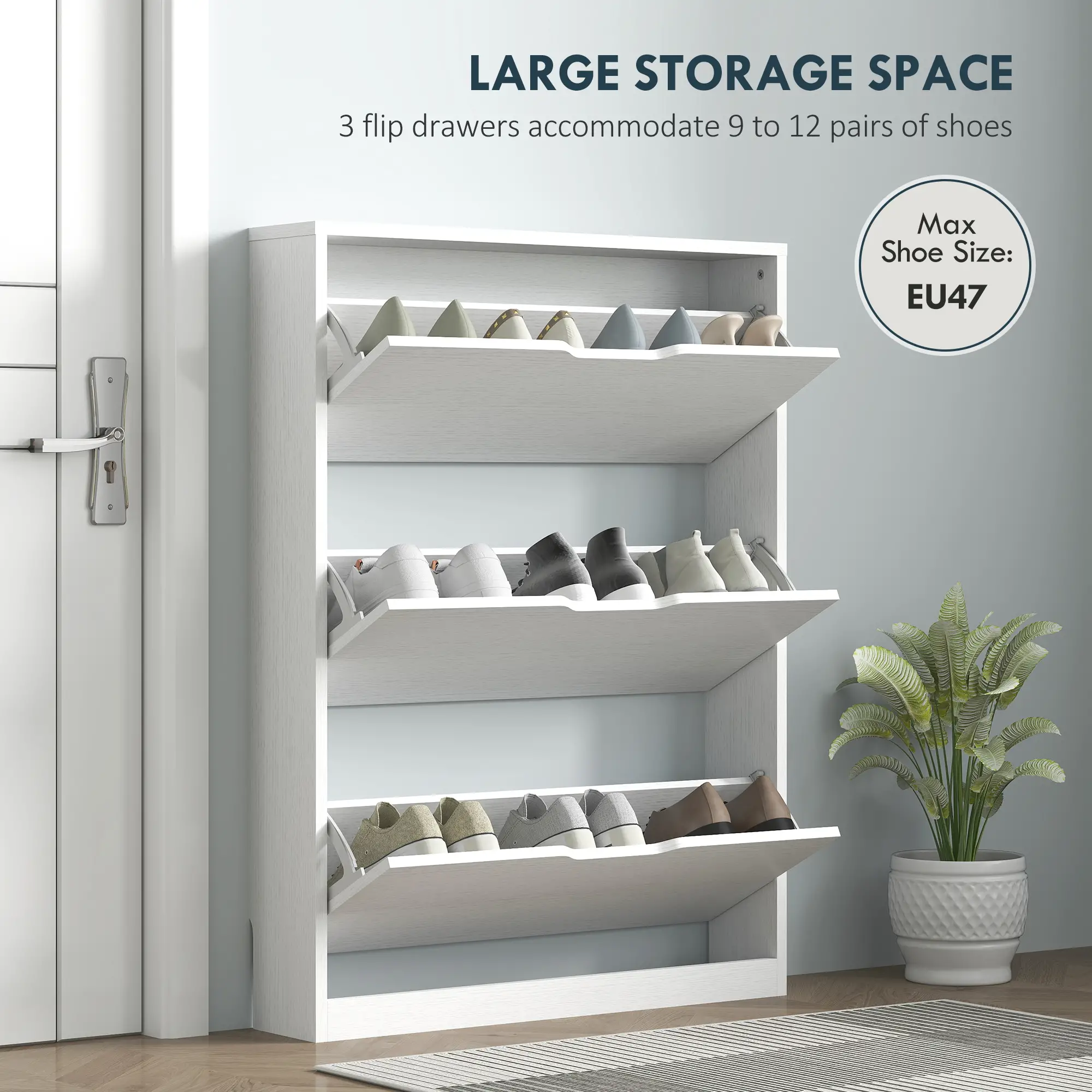 Narrow Shoe Cabinet 3 Flip Drawers, 31.5"W x 6.7"D x 42.5"H, White - Image 4