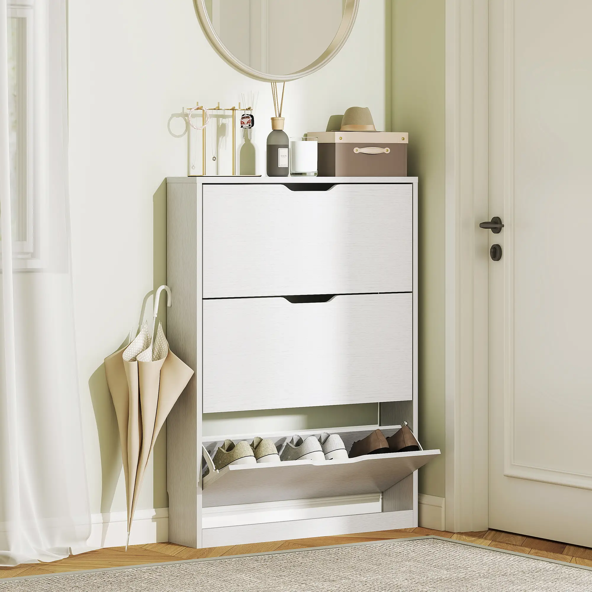 Narrow Shoe Cabinet 3 Flip Drawers, 31.5"W x 6.7"D x 42.5"H, White - Image 7
