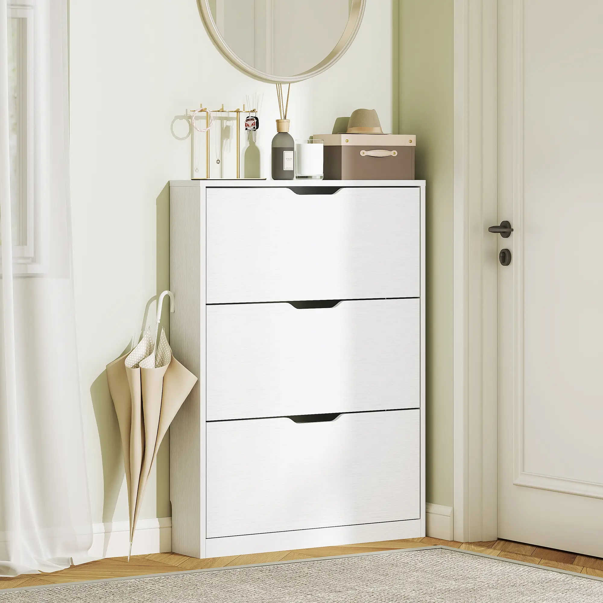 Narrow Shoe Cabinet 3 Flip Drawers, 31.5"W x 6.7"D x 42.5"H, White - Image 8