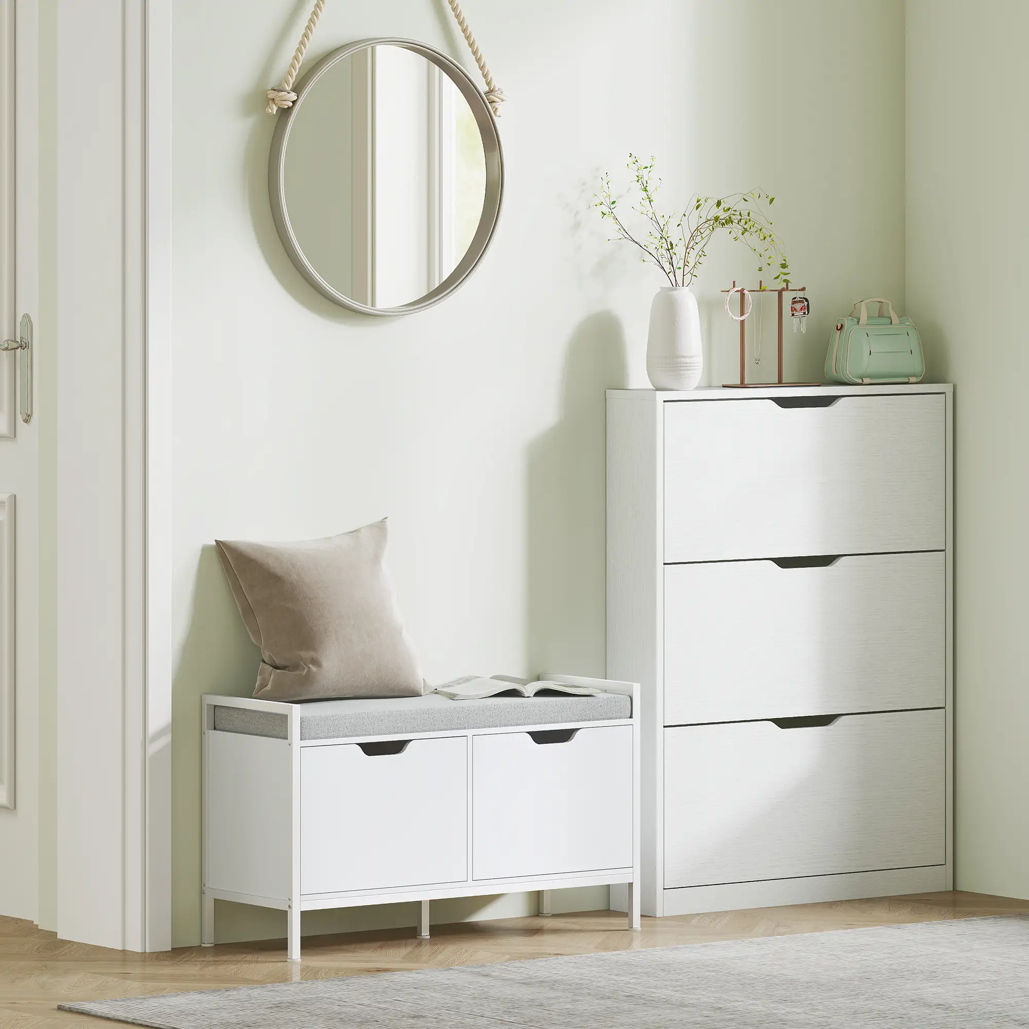 Narrow Shoe Cabinet 3 Flip Drawers, 31.5"W x 6.7"D x 42.5"H, White - Image 9