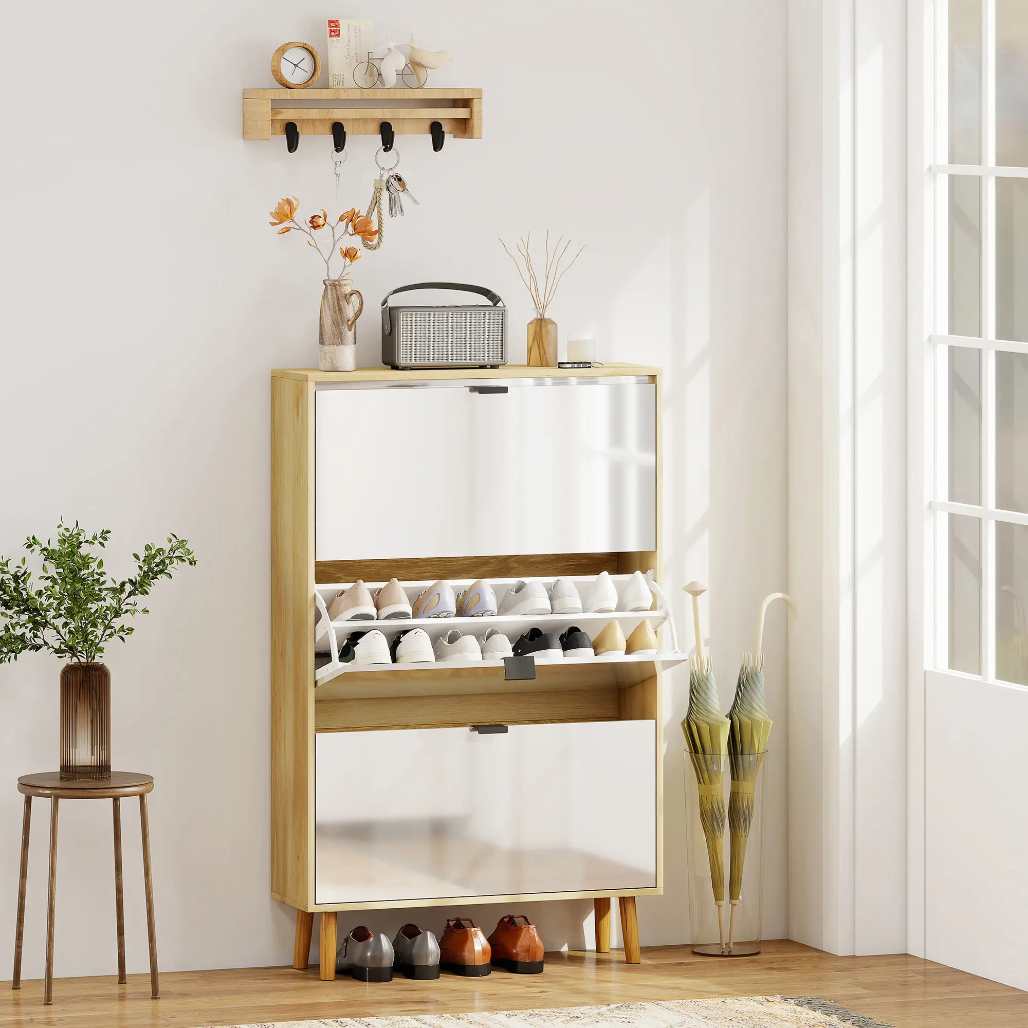 Narrow Shoe Cabinet, 3 Flip Drawers, Adjustable Shelves, Holds 24 Pairs, White - Image 2