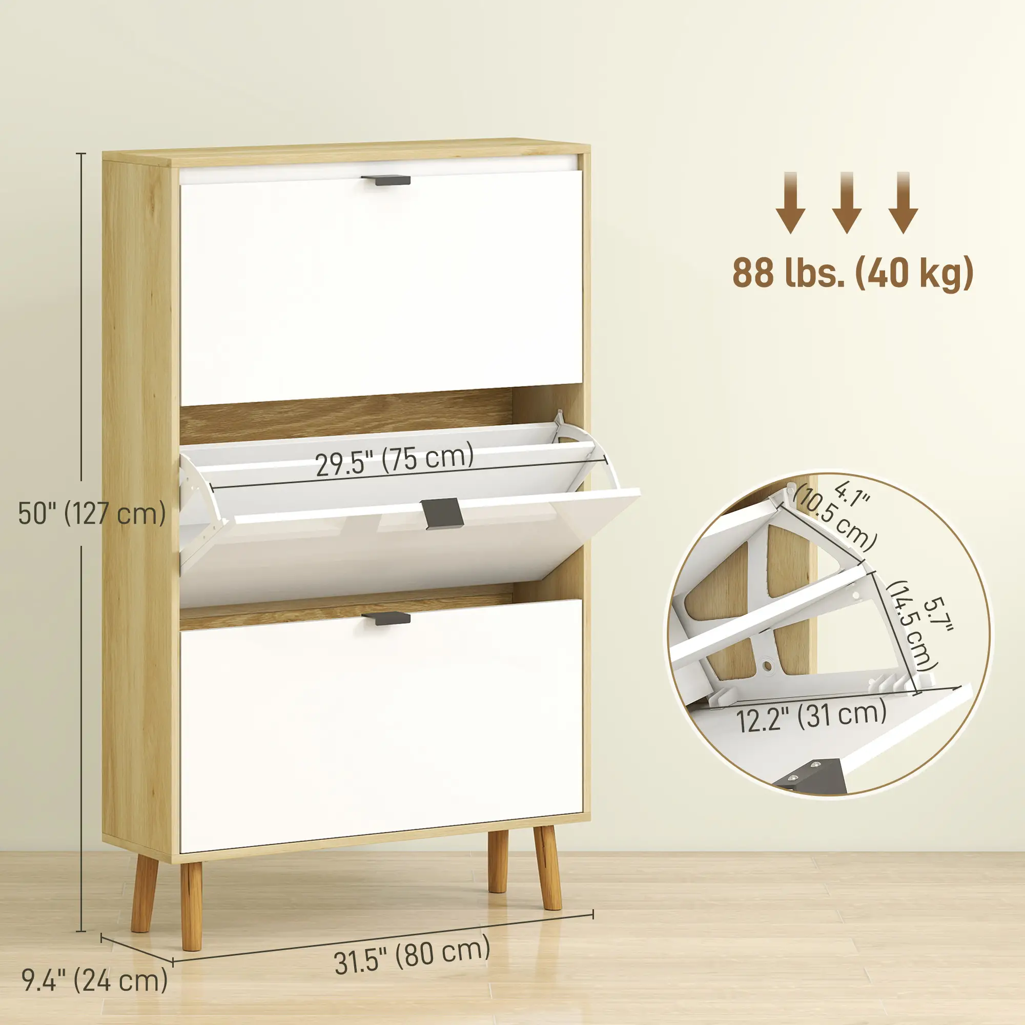 Narrow Shoe Cabinet, 3 Flip Drawers, Adjustable Shelves, Holds 24 Pairs, White - Image 3