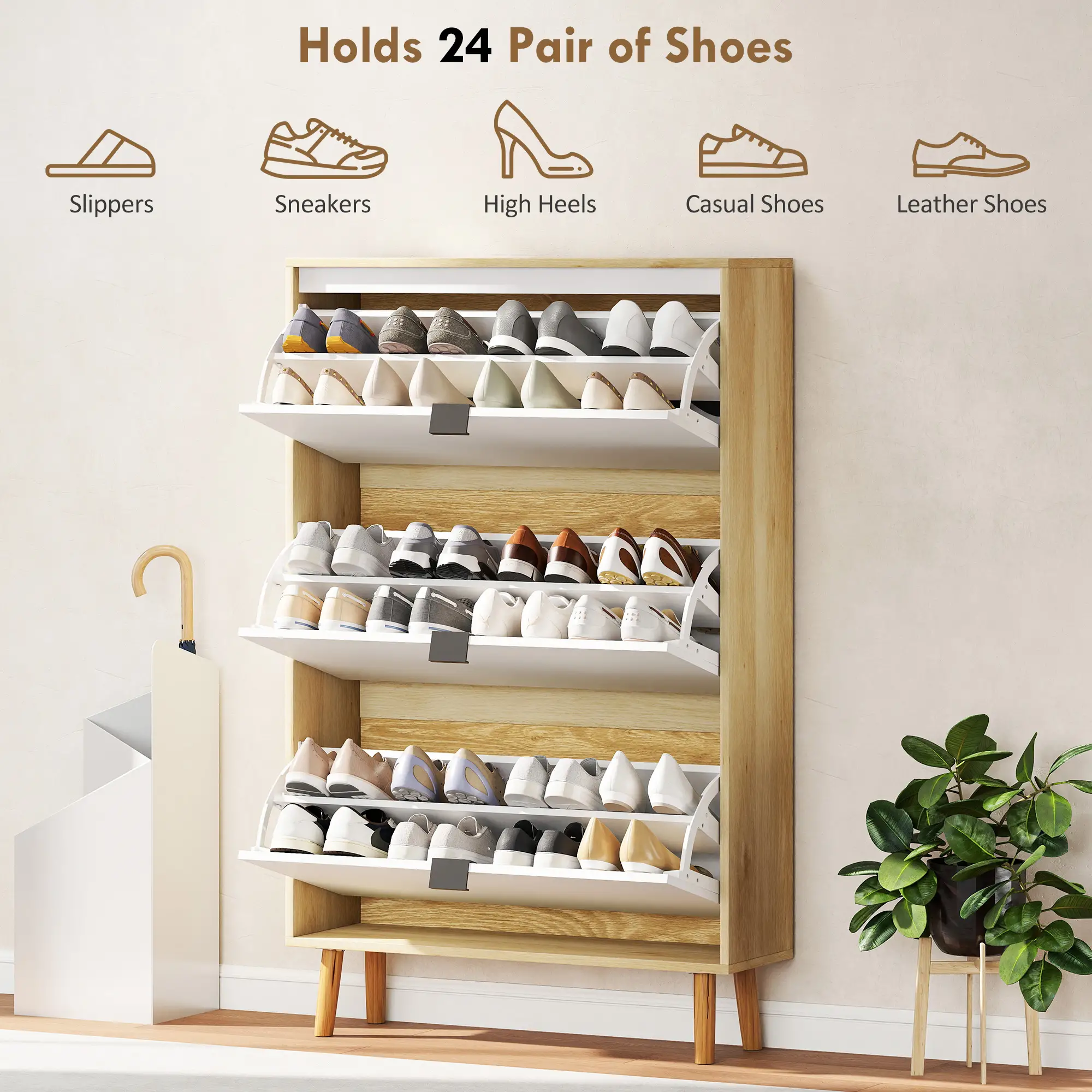Narrow Shoe Cabinet, 3 Flip Drawers, Adjustable Shelves, Holds 24 Pairs, White - Image 5