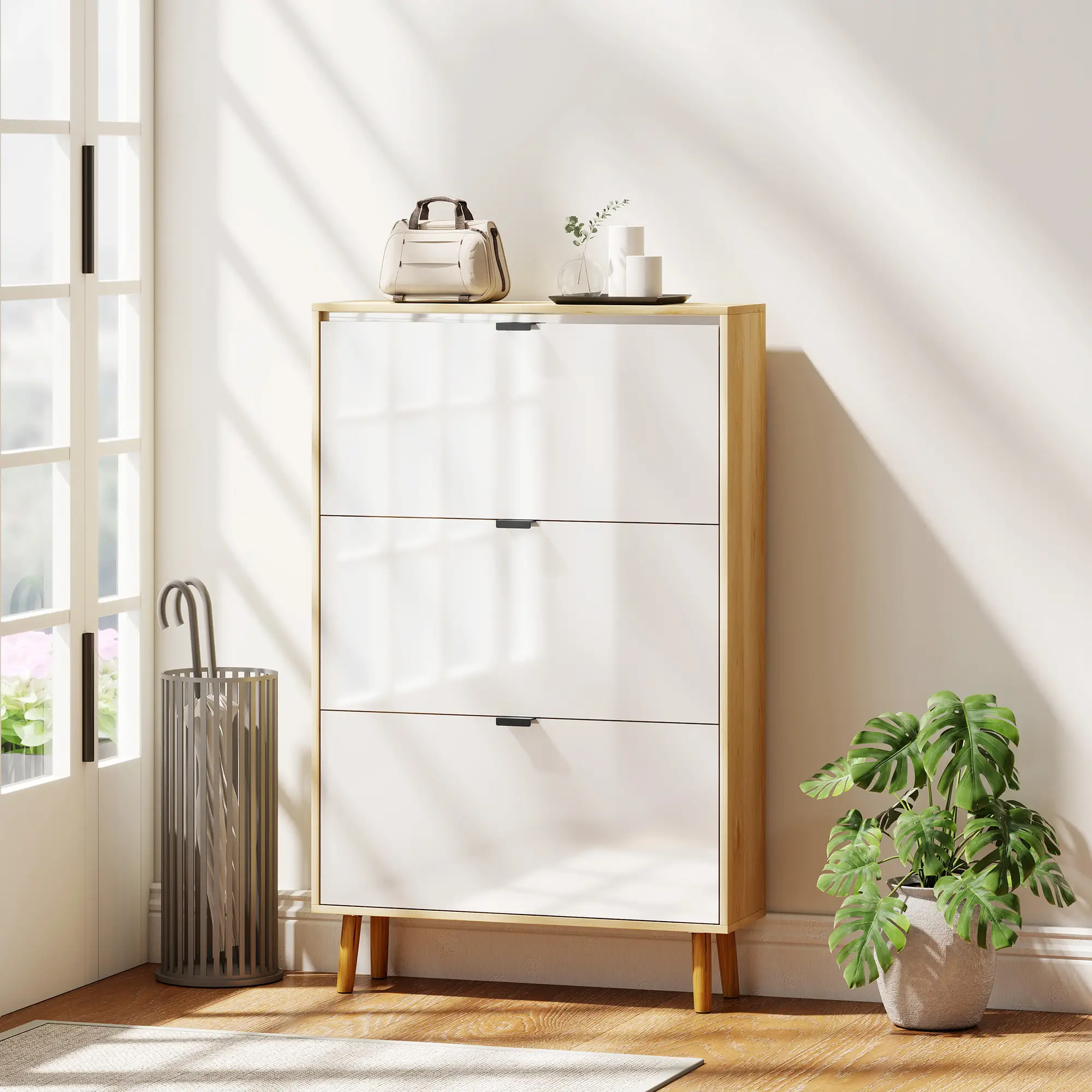 Narrow Shoe Cabinet, 3 Flip Drawers, Adjustable Shelves, Holds 24 Pairs, White - Image 8