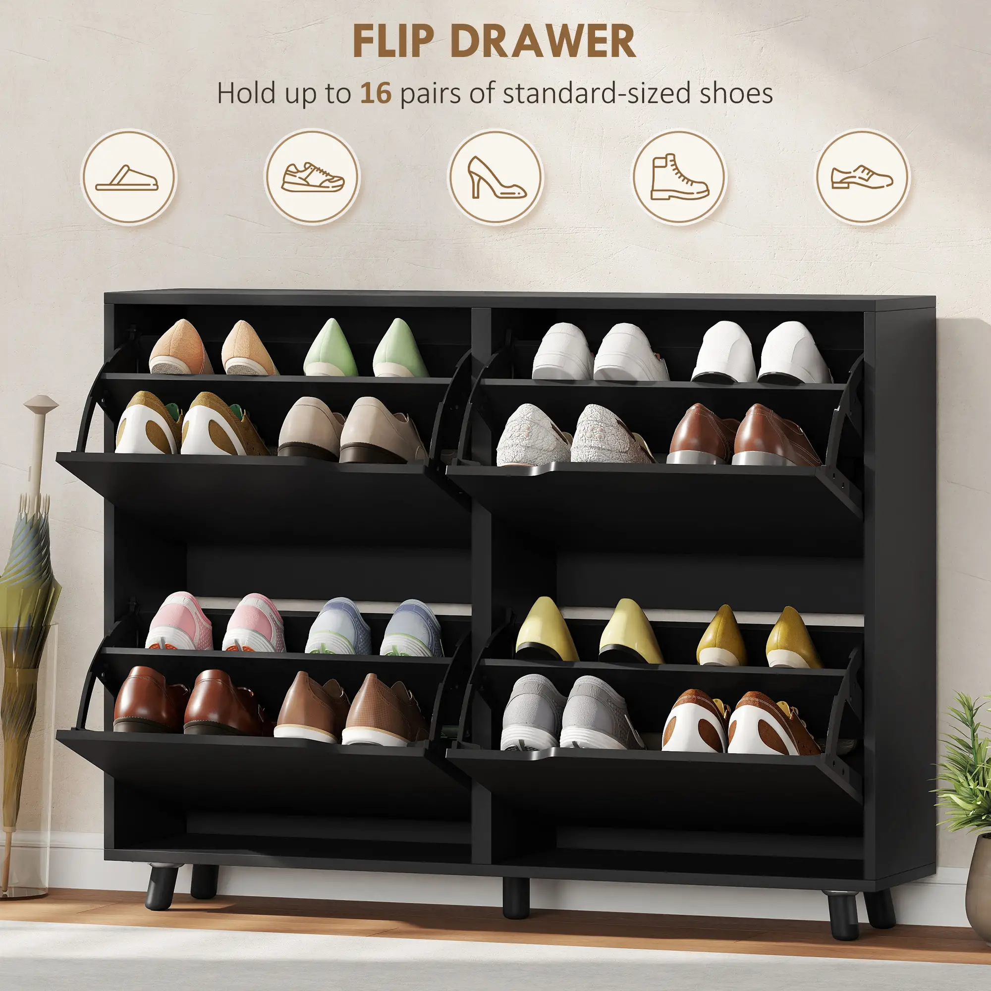 Narrow Shoe Cabinet, 4 Flip Drawers, Adjustable Shelves, 16 Pairs, Black - Image 4
