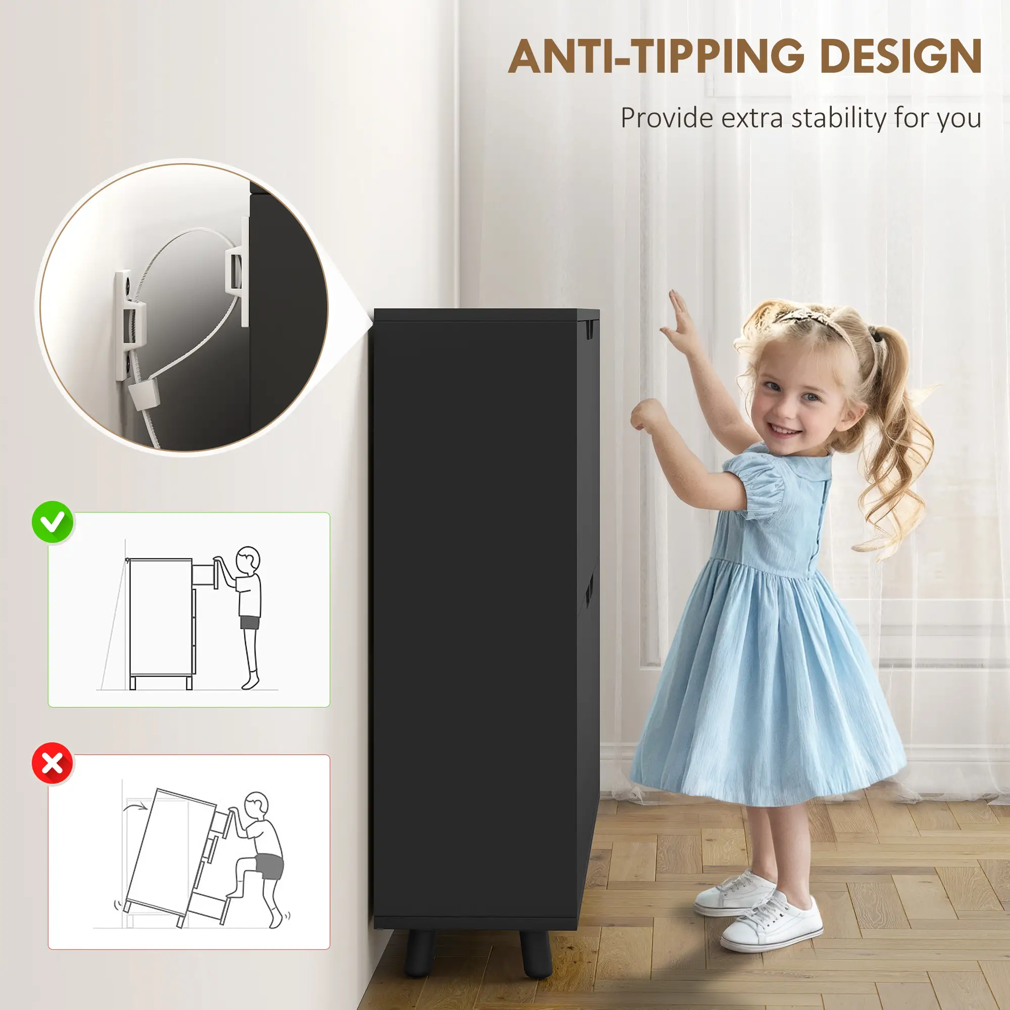 Narrow Shoe Cabinet, 4 Flip Drawers, Adjustable Shelves, 16 Pairs, Black - Image 7